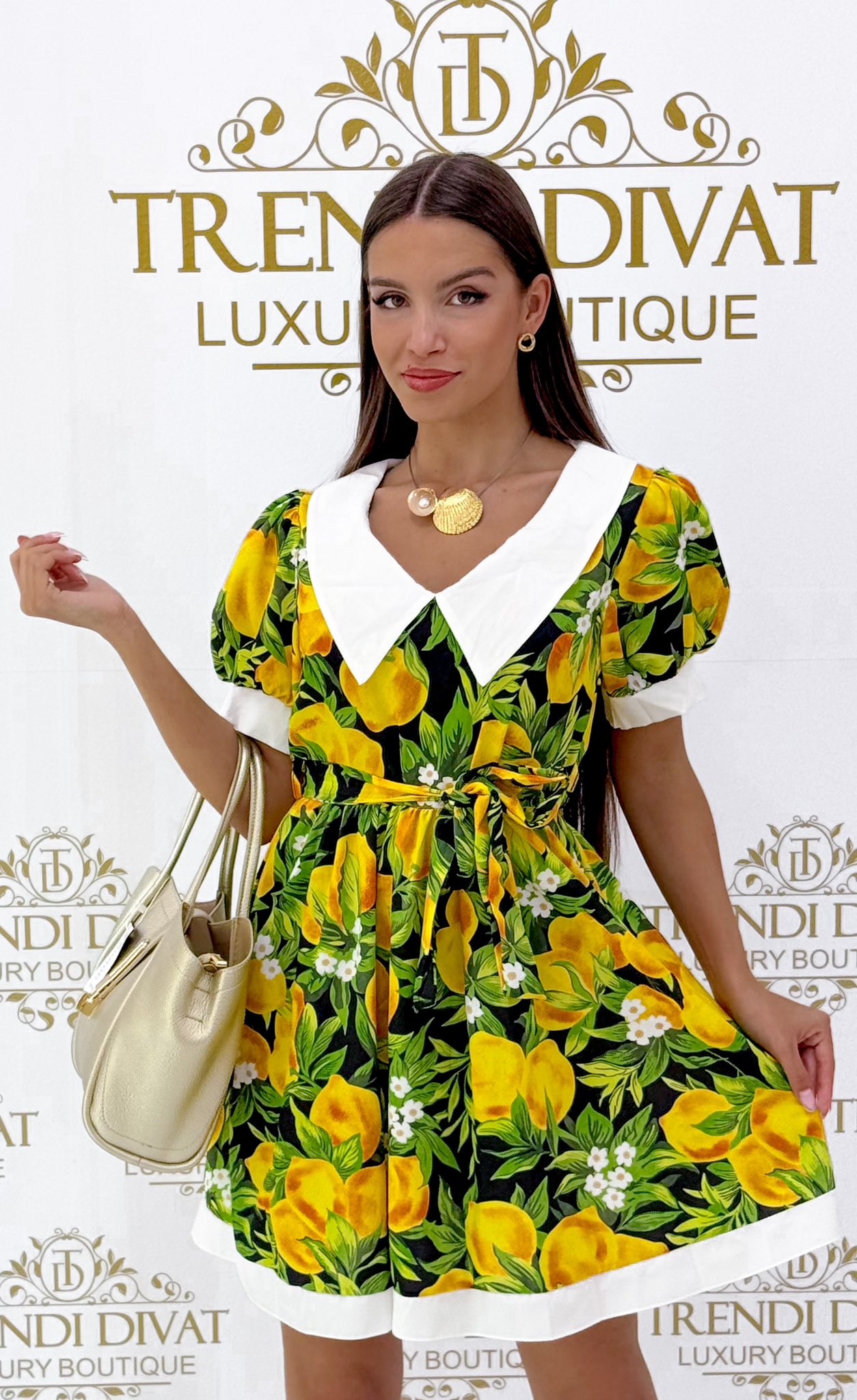 Nagy galléros, puffos ujjú, citrom mintázatú kis ruha - Image 7