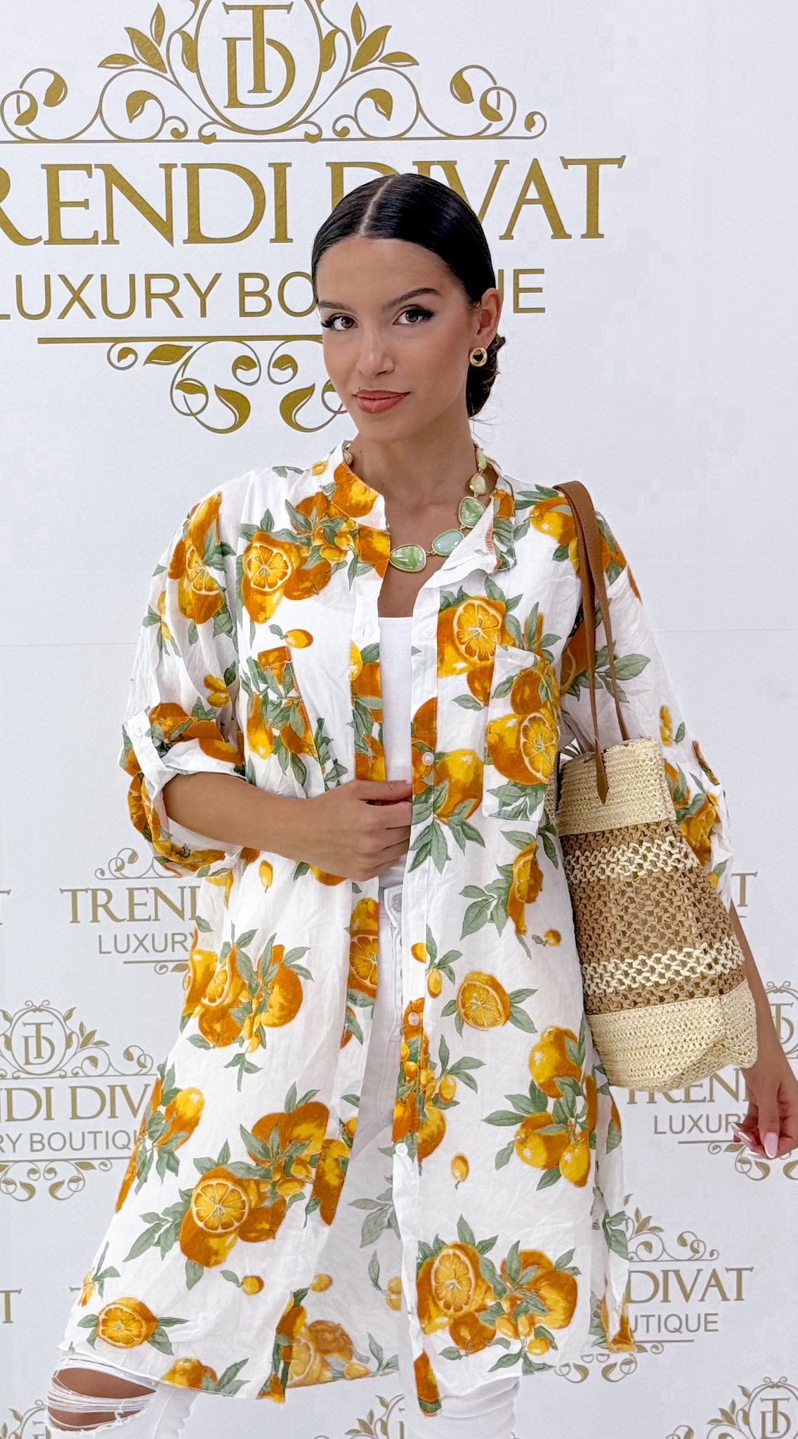 Álló galléros, lenge vászon anyagú, narancs mintázatú ing tunika - Image 5