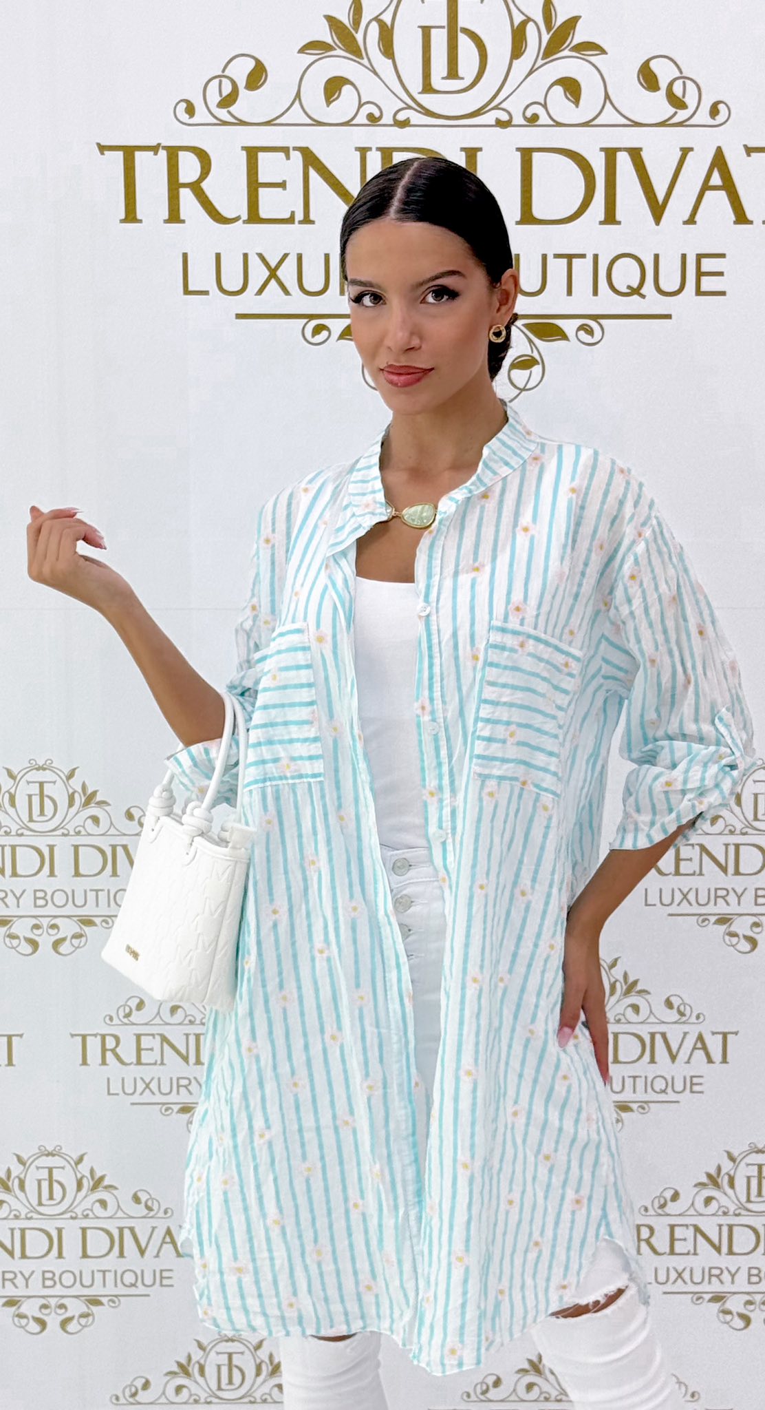 Álló galléros, lenge vászon anyagú, csíkos & virág mintázatú ing tunika - Image 7