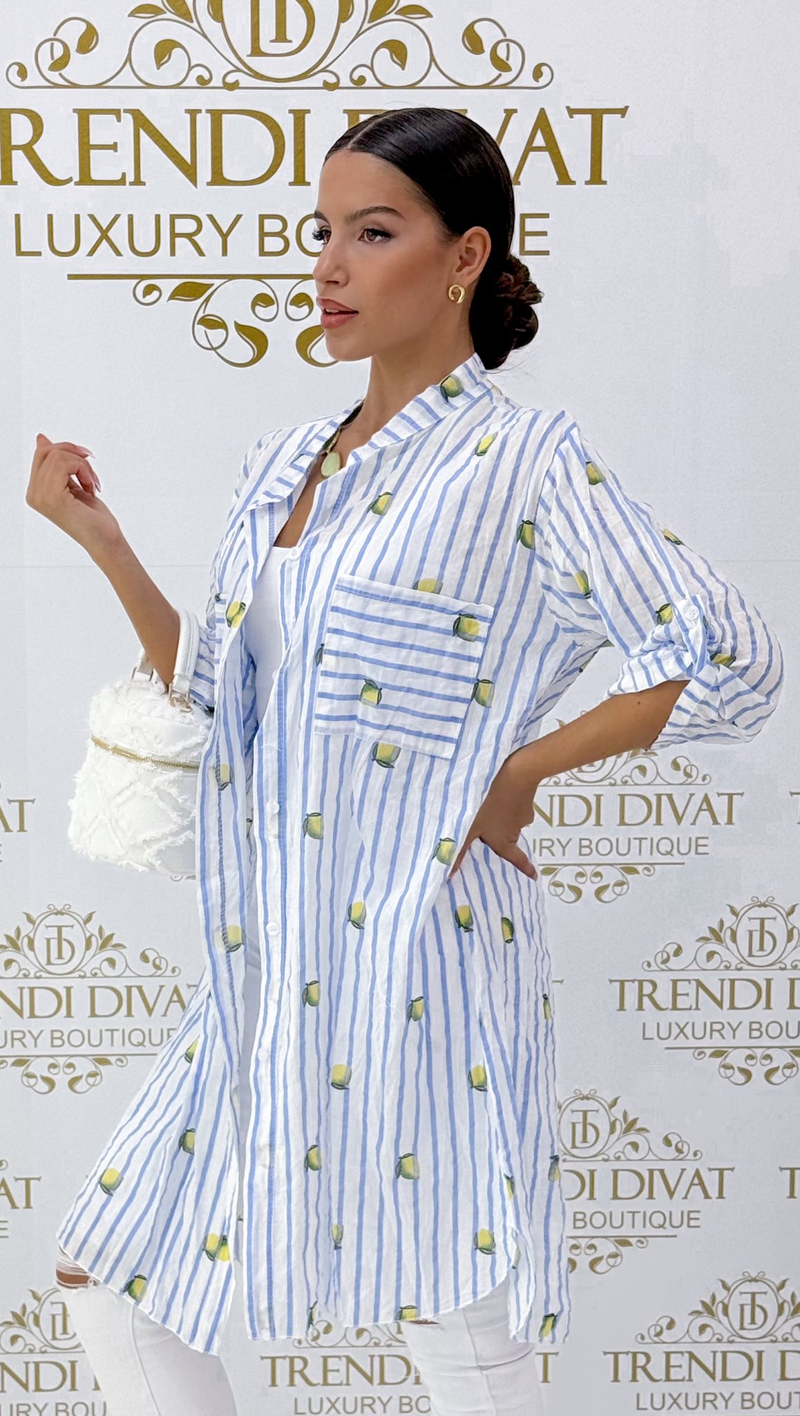 Álló galléros, lenge vászon anyagú, csíkos & citrom mintázatú ing tunika - Image 7