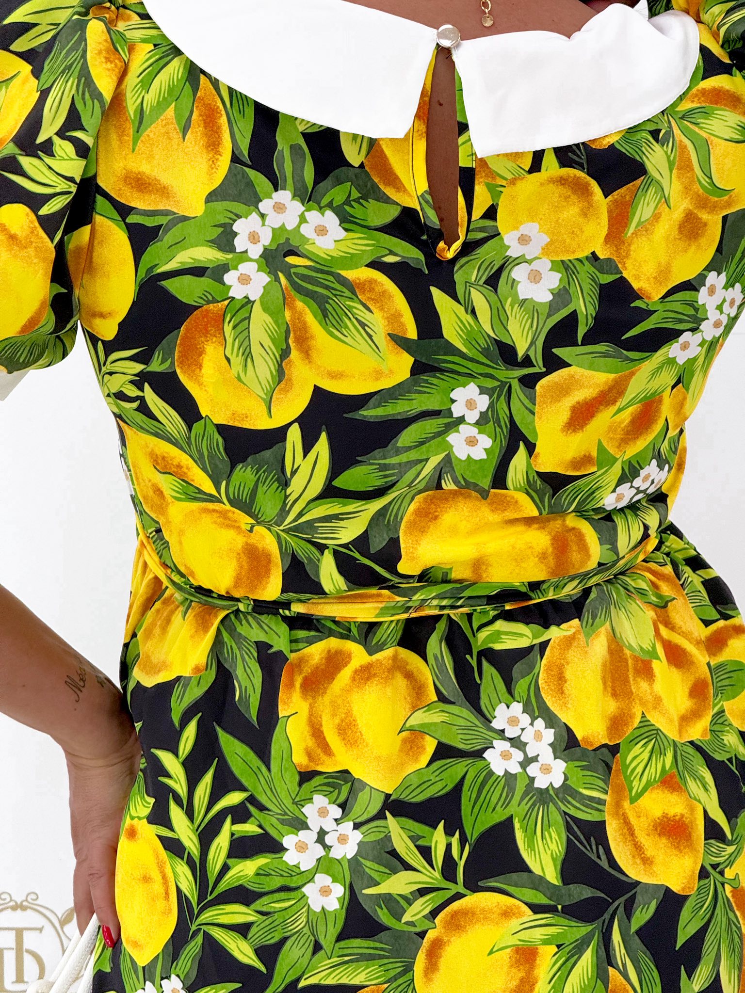 Nagy galléros, puffos ujjú, citrom mintázatú kis ruha - Image 9