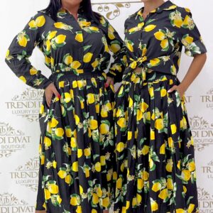 Lenge vászon anyagú, gumis derekú, citrom mintázatú, zsebes szoknya