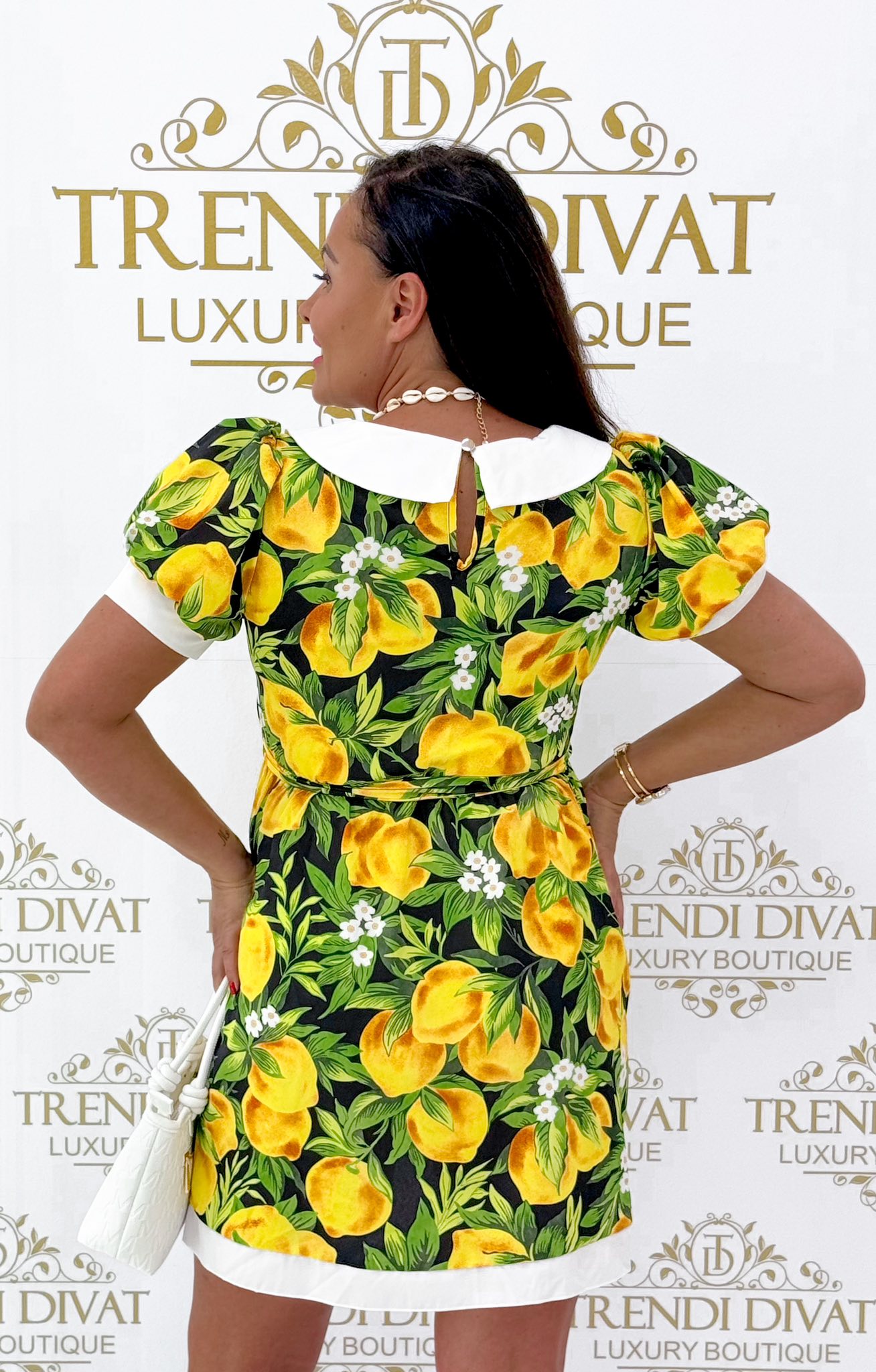 Nagy galléros, puffos ujjú, citrom mintázatú kis ruha - Image 10