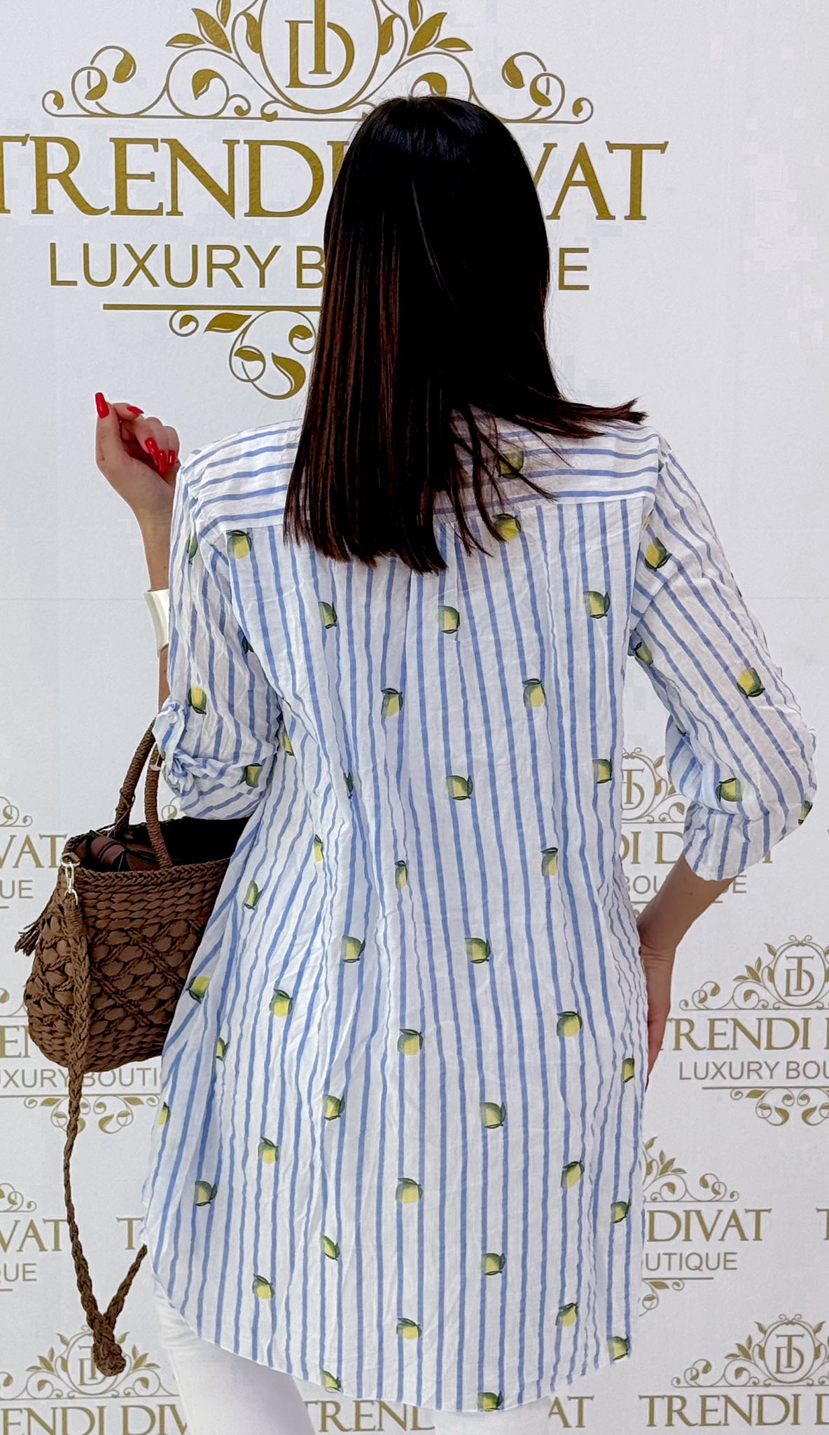 Álló galléros, lenge vászon anyagú, csíkos & citrom mintázatú ing tunika - Image 8