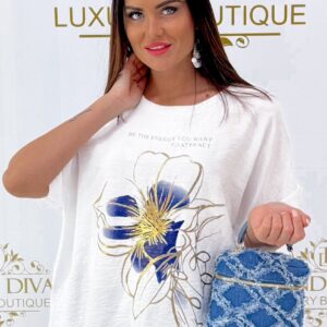 Laza fazonú, arany színű nyomott virág mintázatú, lenge anyagú felső