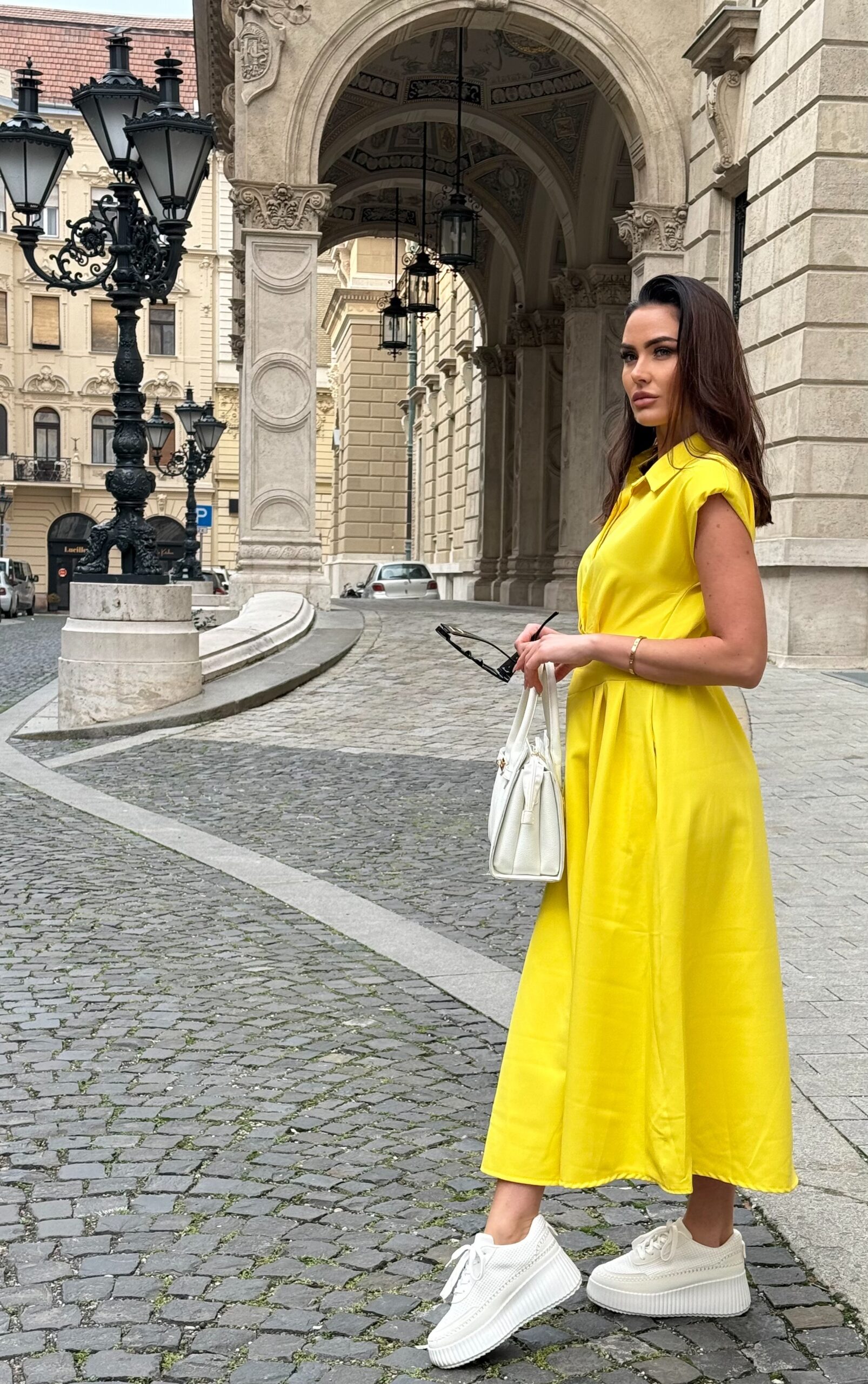 Collared, buttoned bust, slim-fit midi dress with shoulder pads - Image 9