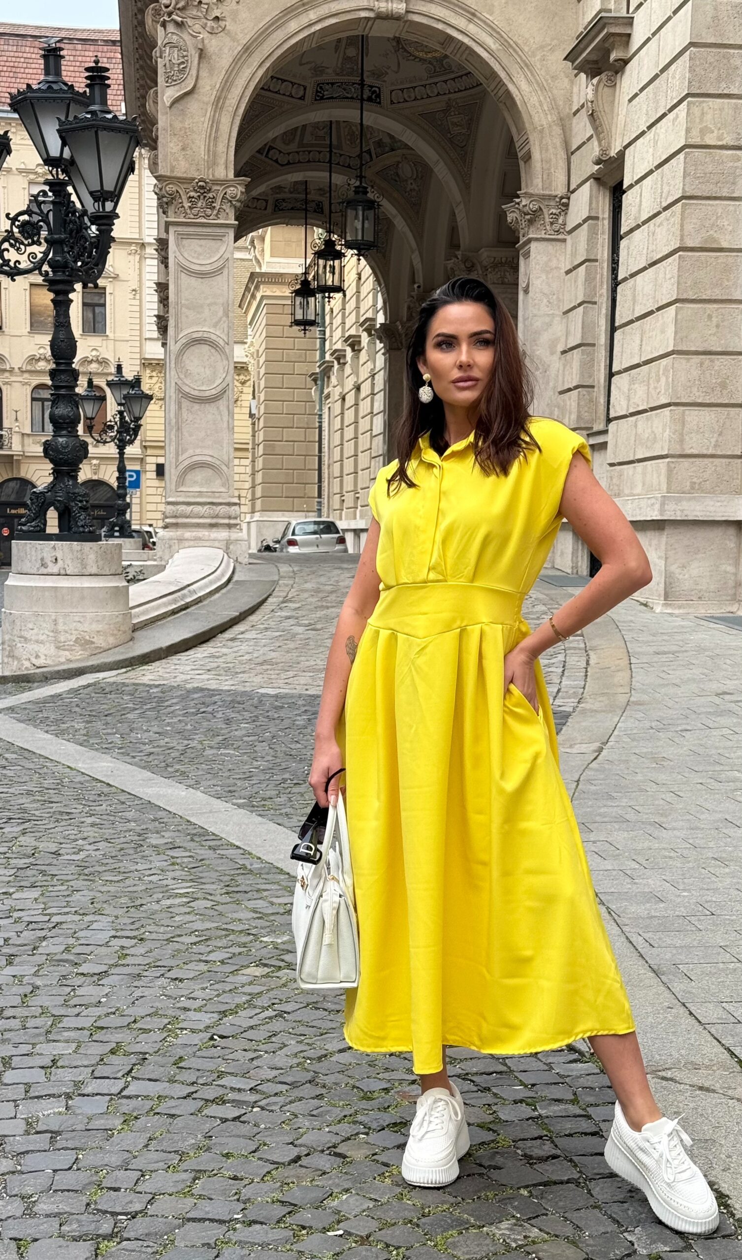 Collared, buttoned bust, slim-fit midi dress with shoulder pads - Image 8