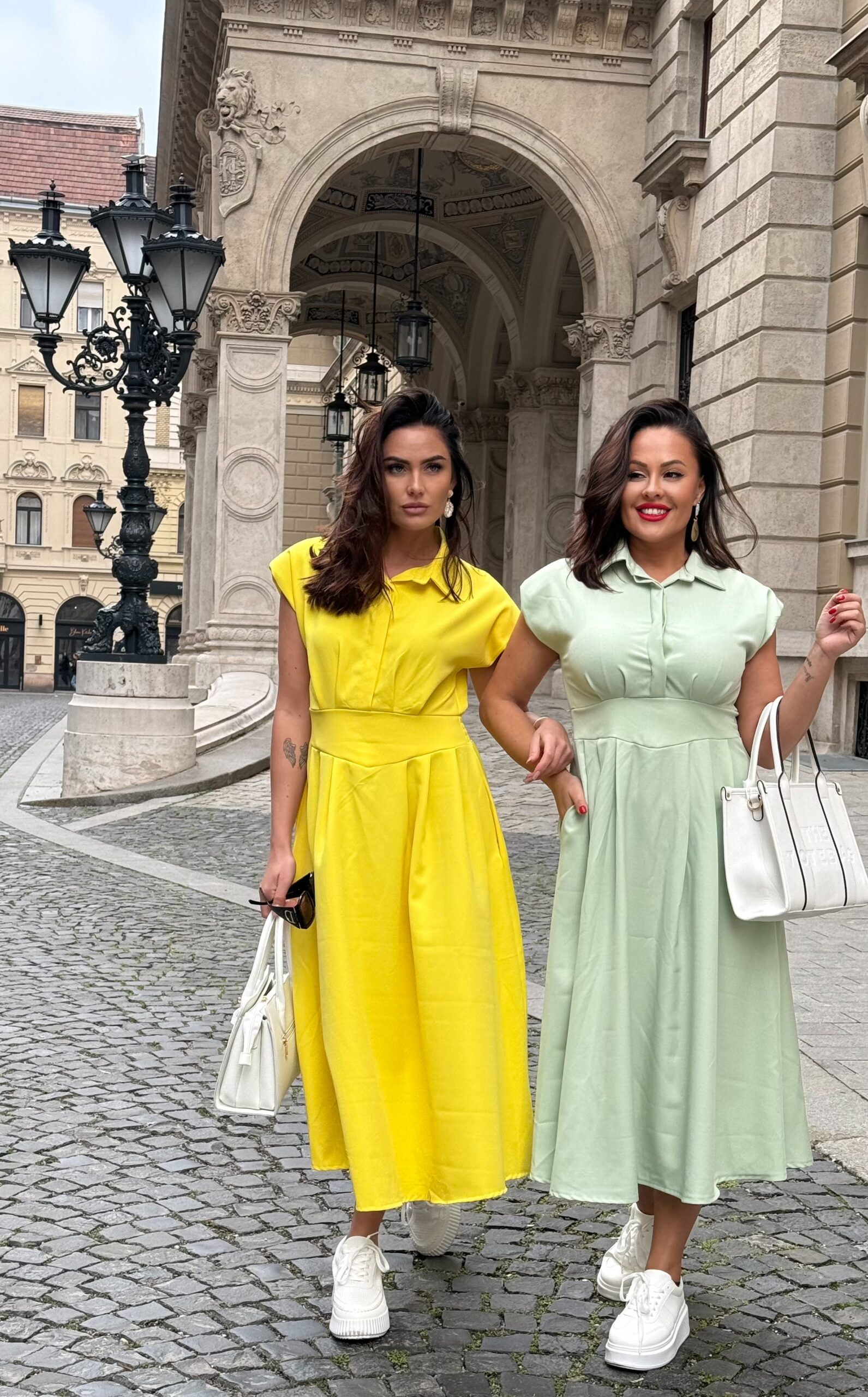 Collared, buttoned bust, slim-fit midi dress with shoulder pads