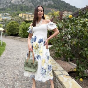 Puffy sleeves, elasticated bust, madeira embroidered inserts, yellow-blue floral maxi dress