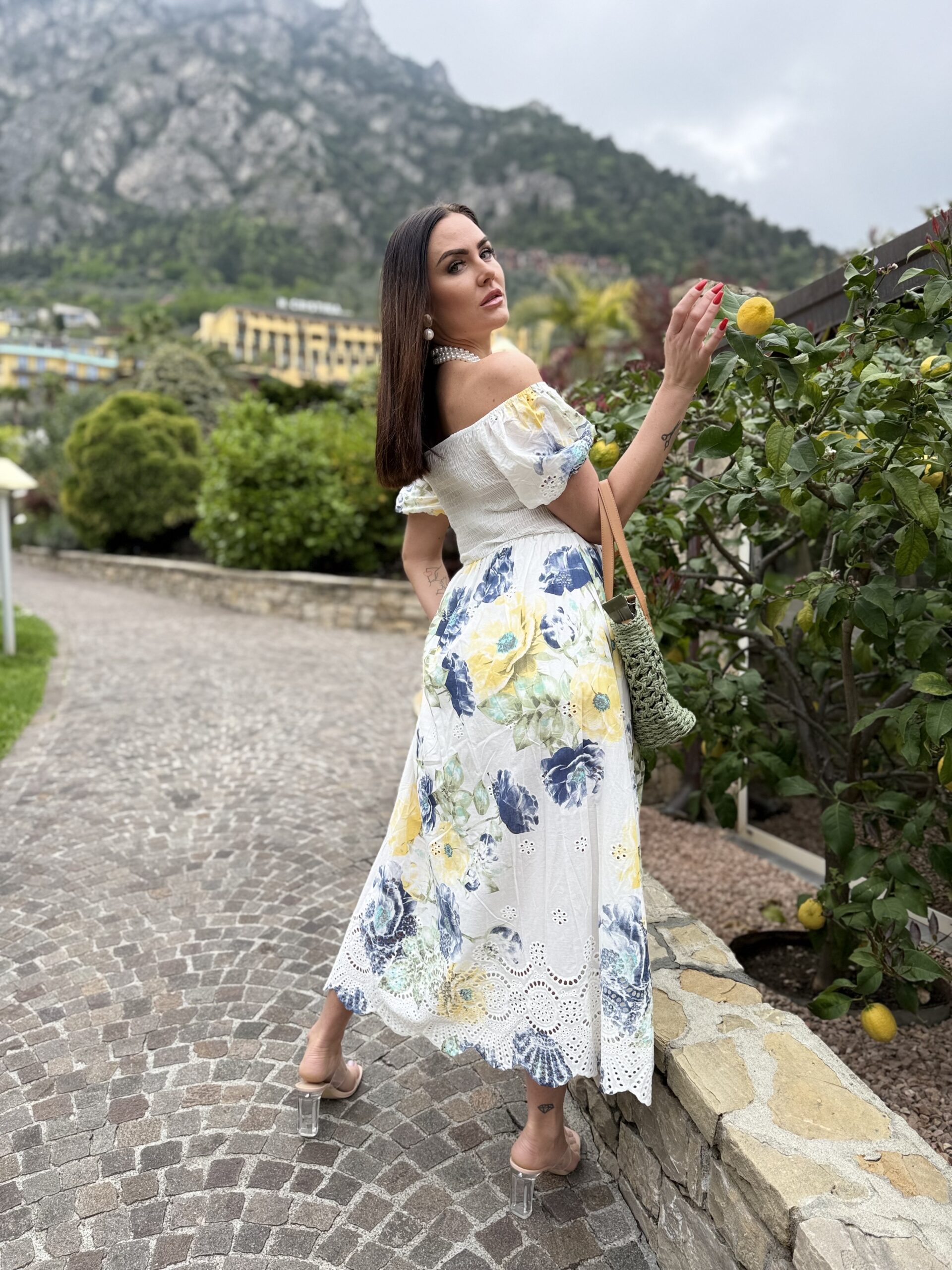 Puffy sleeves, elasticated bust, madeira embroidered inserts, yellow-blue floral maxi dress - Image 2