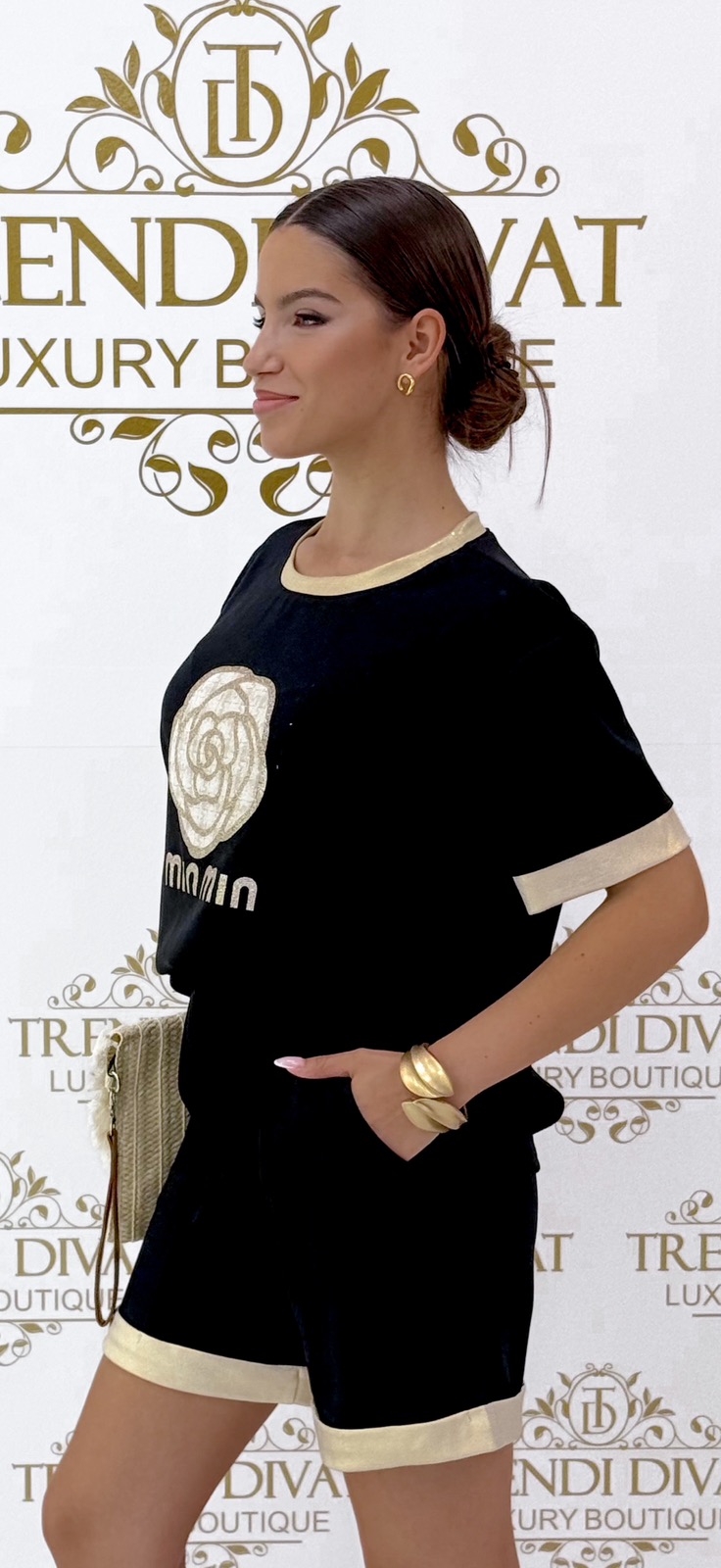 Arany színű szegélyes, virág mintázatú, kétrészes együttes - Image 16