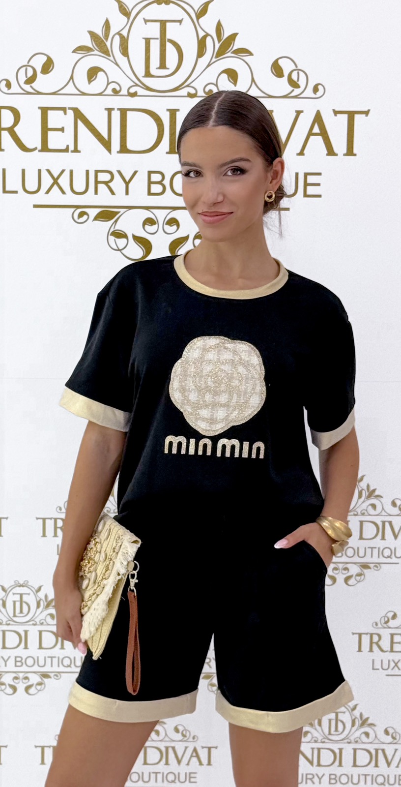 Arany színű szegélyes, virág mintázatú, kétrészes együttes - Image 17