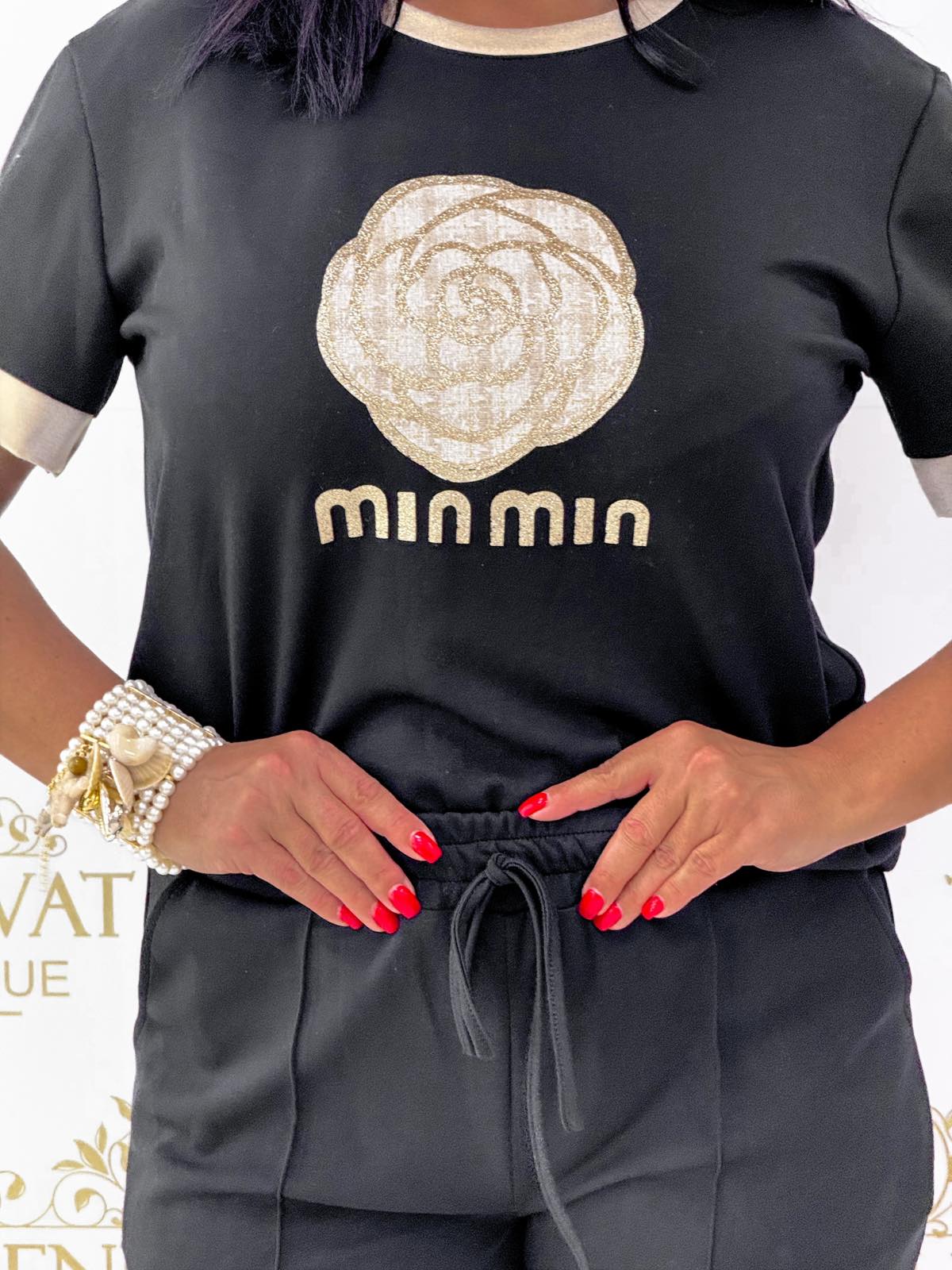 Arany színű szegélyes, virág mintázatú, kétrészes együttes - Image 18