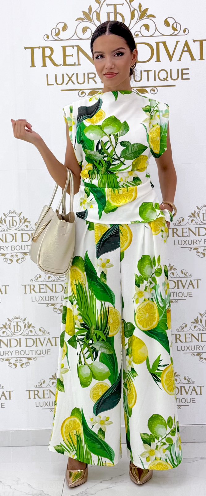 Citrom mintázatú, válltöméses felsőrészes palazzo szett - Image 5