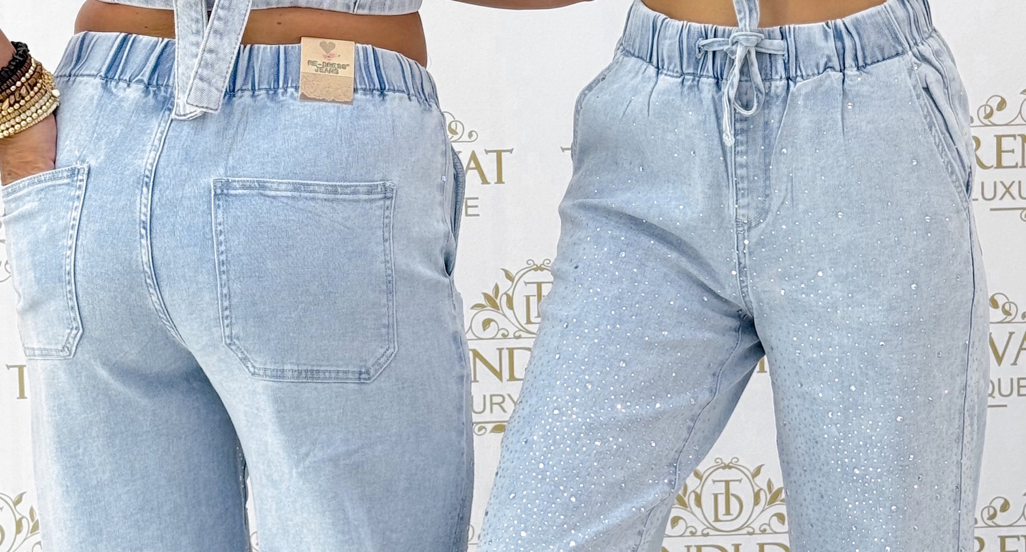 Gumis derekú, sűrűn ezüst színű kövekkel díszített palazzo farmernadrág "2085" - Image 2