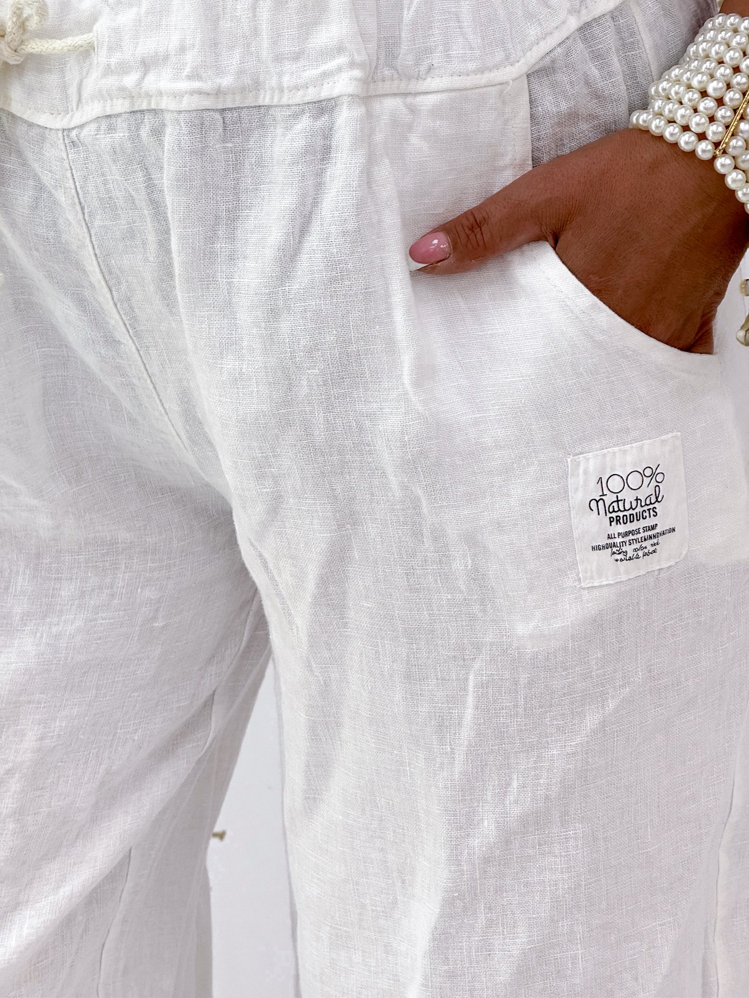 Elől rövidebb szárú, gumis derekú, lenvászon hatású nadrág - Image 3