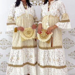 Tölcsér ujjú, madeira hímzett csipkés maxi ruha