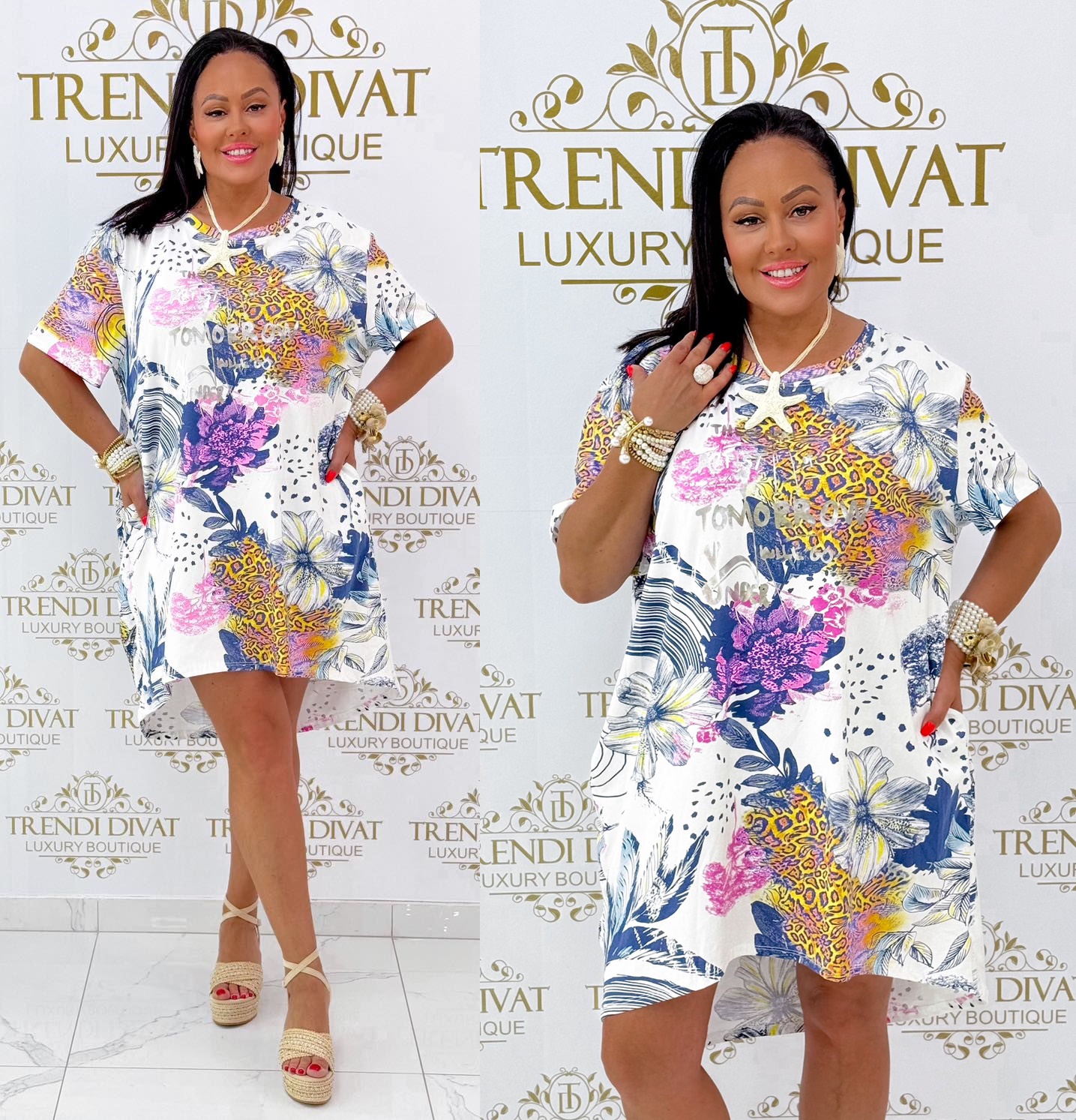 Feliratos, különleges mintázatú zsebes tunika