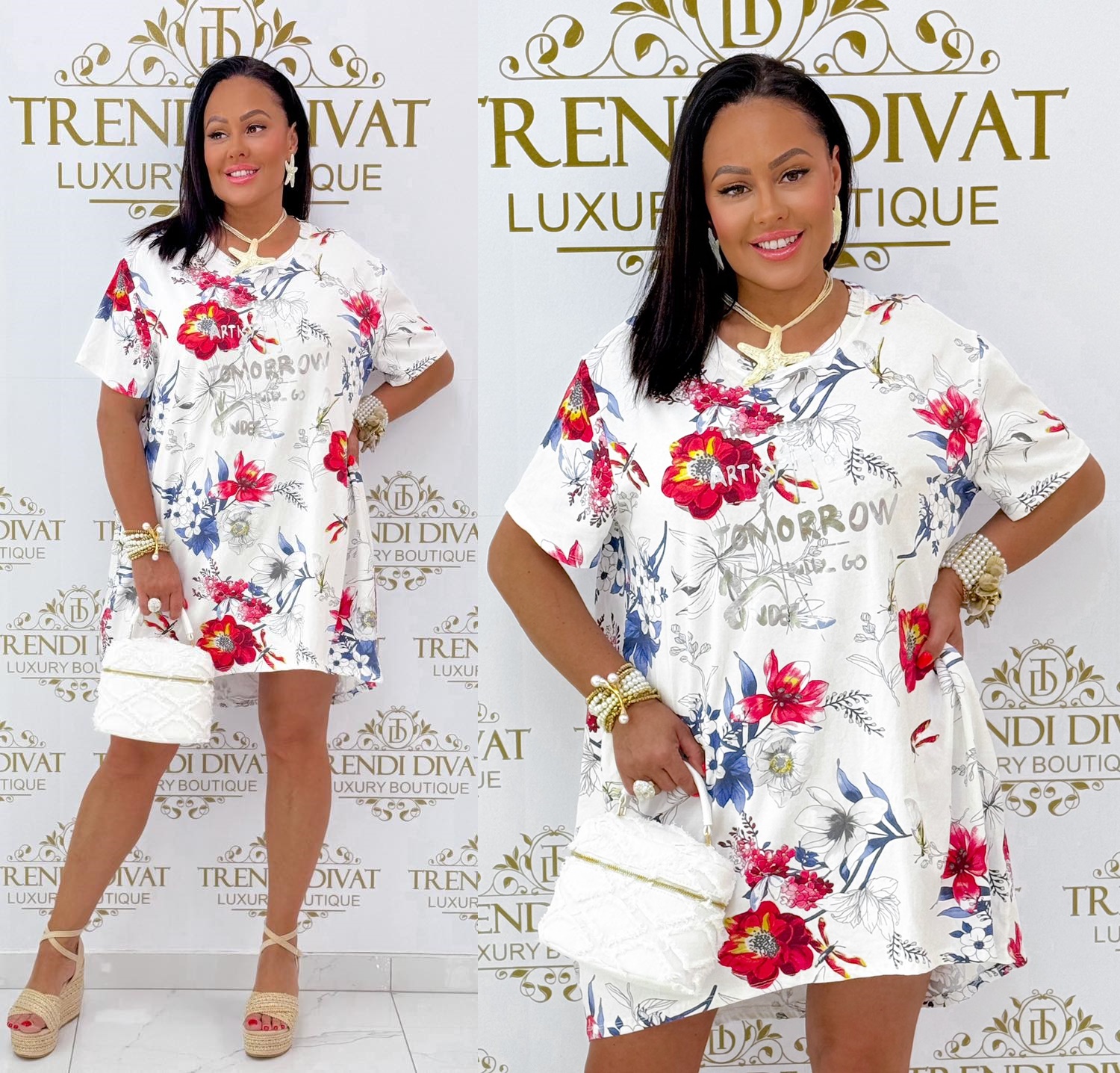 Feliratos, piros-kék színű virág mintázatú zsebes tunika