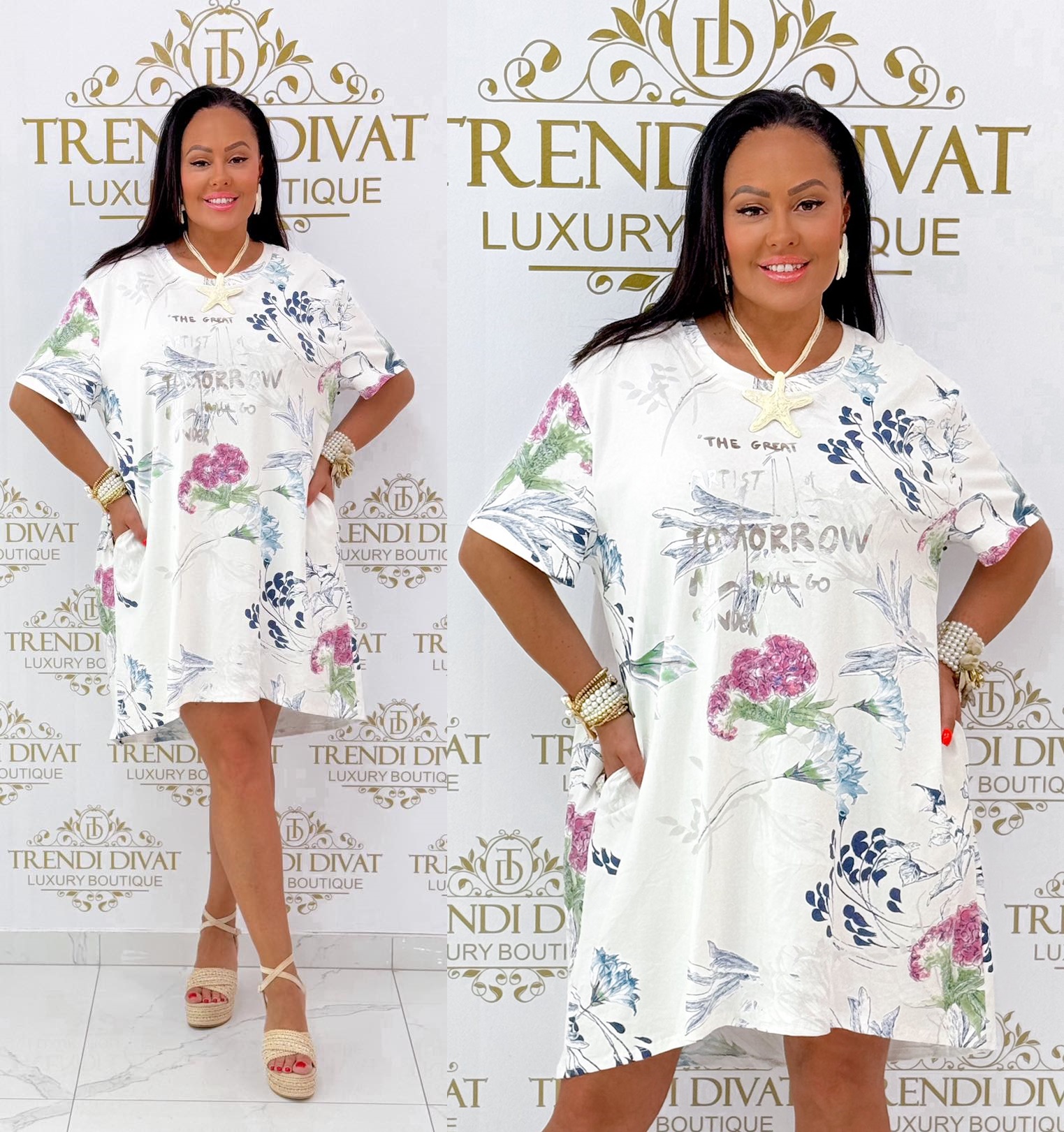 Feliratos, kis virág mintázatú zsebes tunika