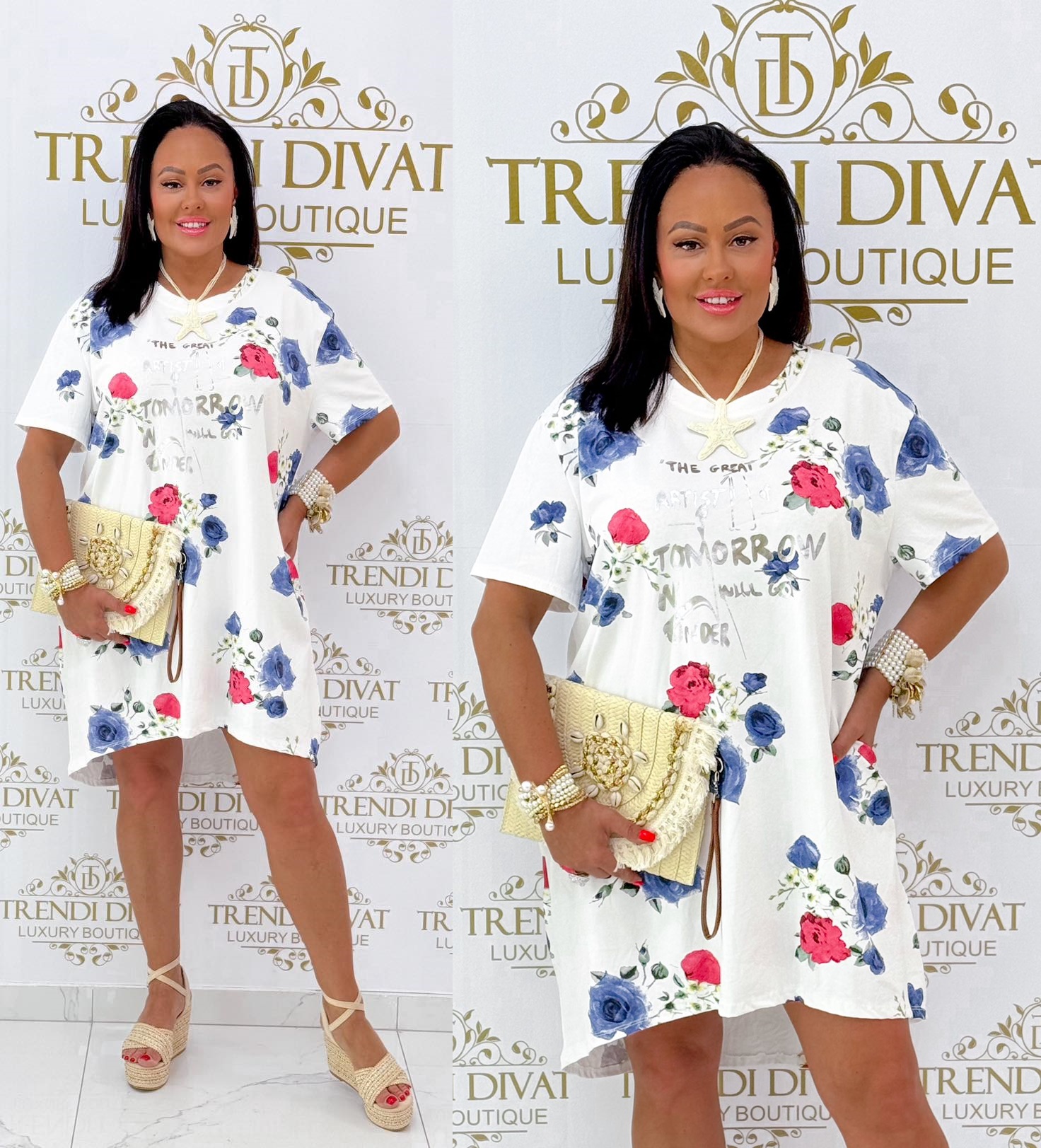 Feliratos, rózsa mintázatú zsebes tunika