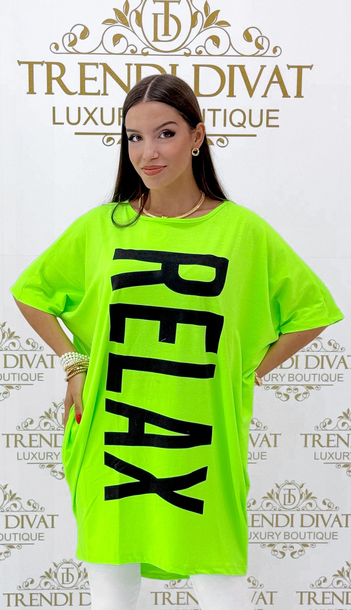 Laza fazonú, elől rövidebb fazonú, "Relax" feliratos tunika - Image 11