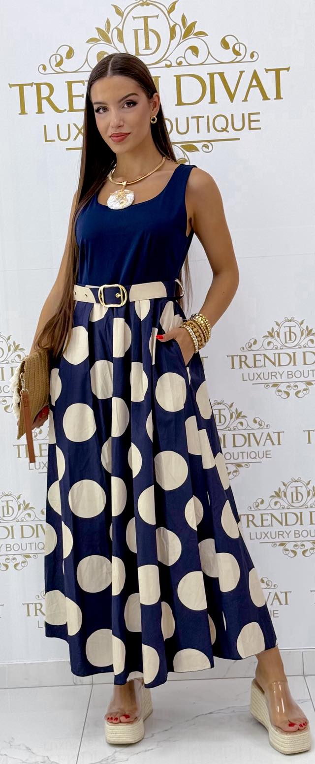 Pöttyös vászon szoknya részes zsebes maxi ruha, ajándék övvel - Image 12