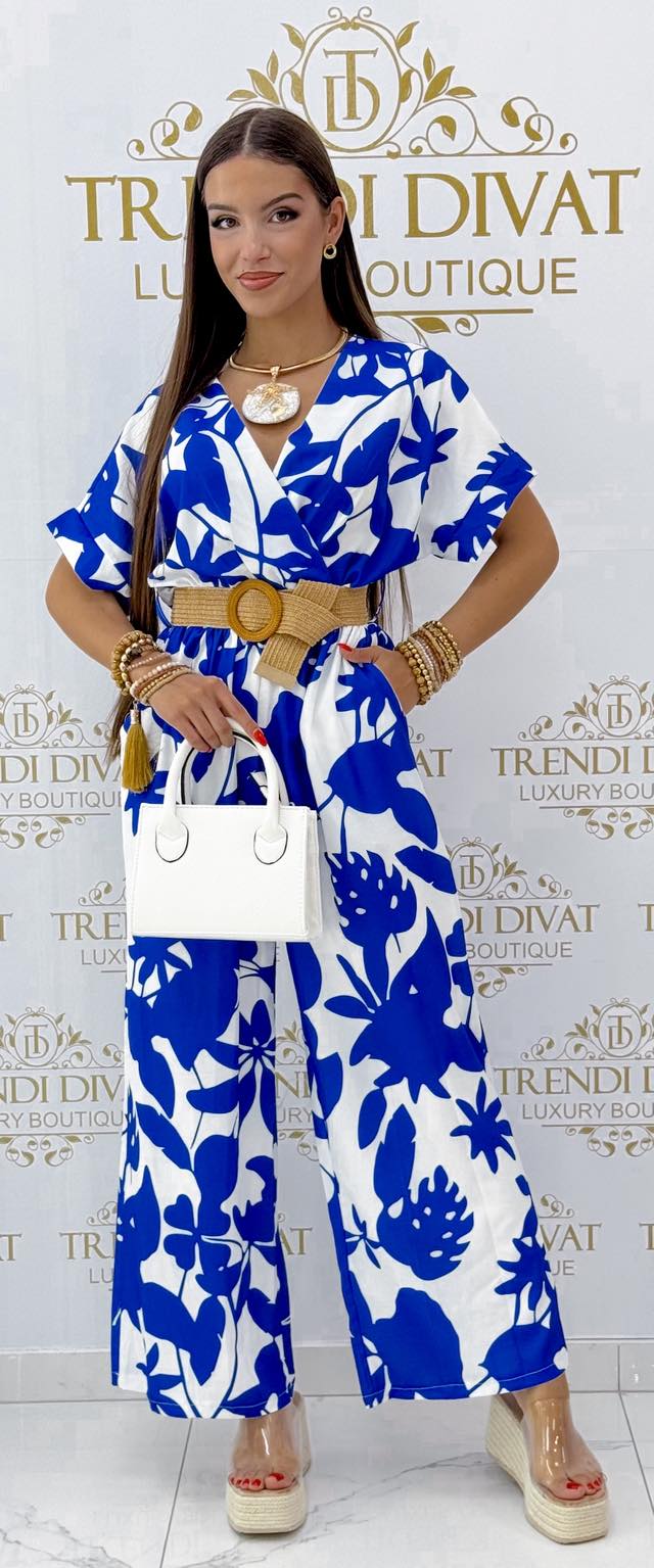 Átlapolt V-nyakú, levél mintázatú palazzo overál, ajándék övvel - Image 13