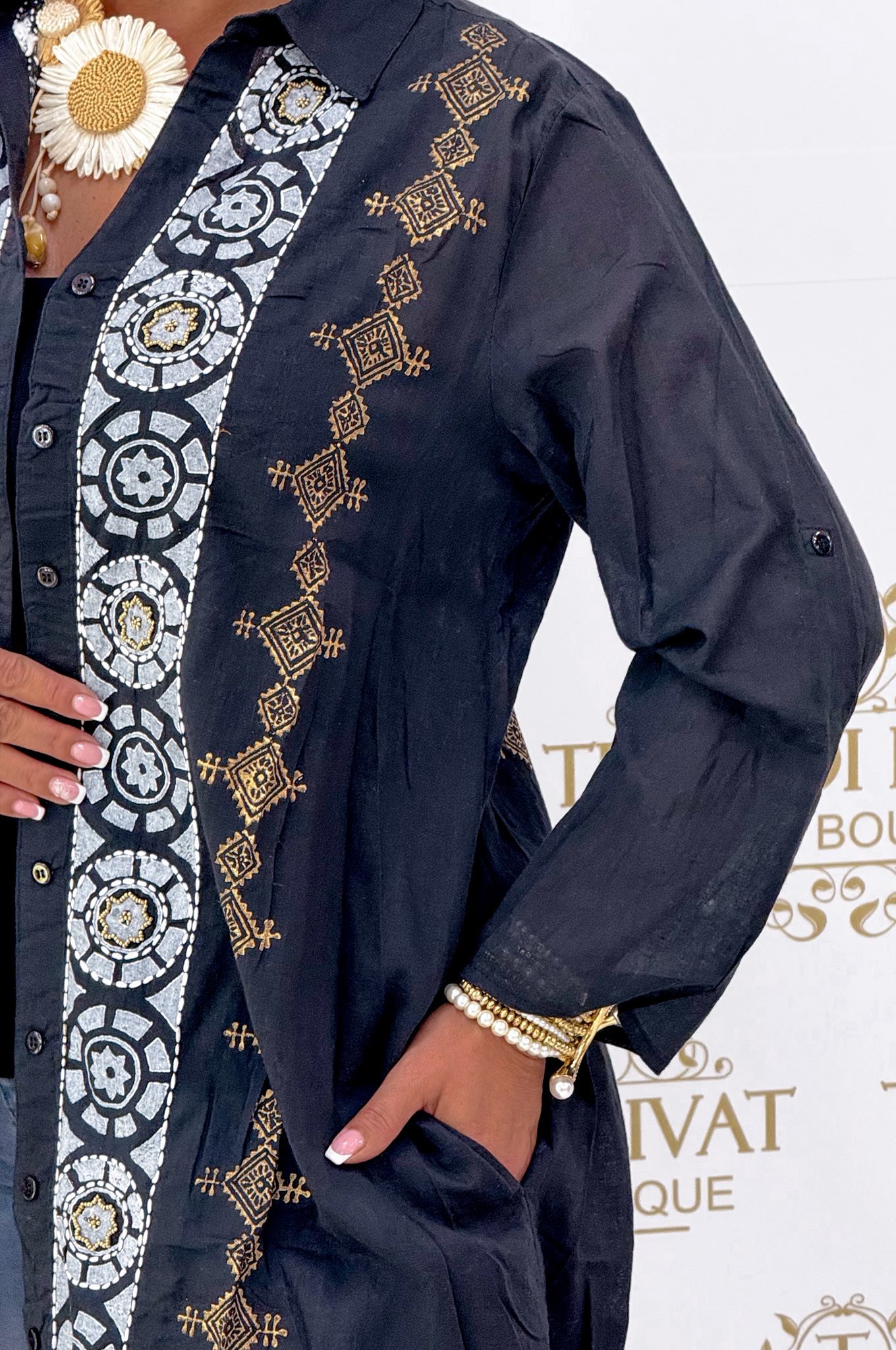 Lenge vékony vászon anyagú, különleges mintázatú maxi ing tunika - Image 14