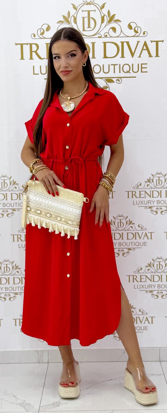 Oldalt felsliccelt, derekánál megkötős, arany színű gombokkal díszített muszlin ruha - Image 14