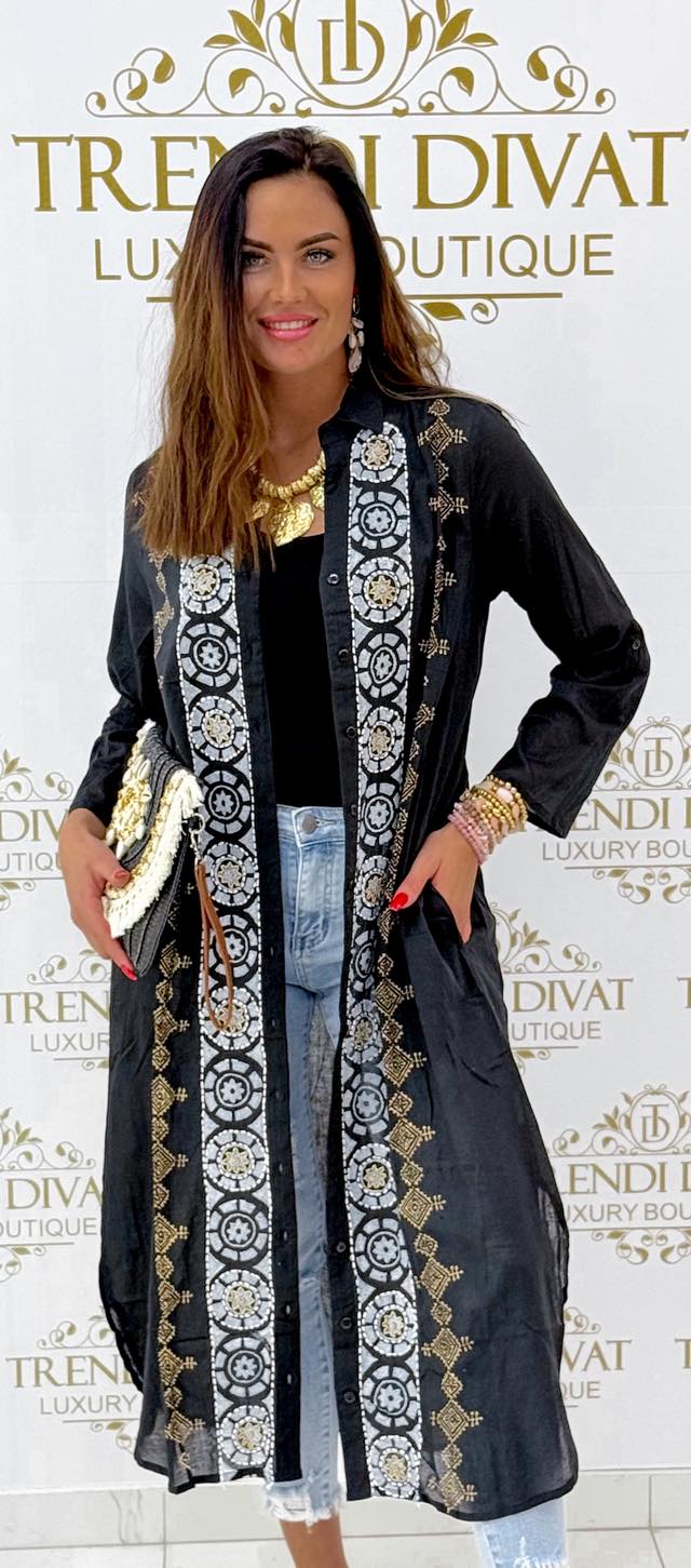 Lenge vékony vászon anyagú, különleges mintázatú maxi ing tunika - Image 15