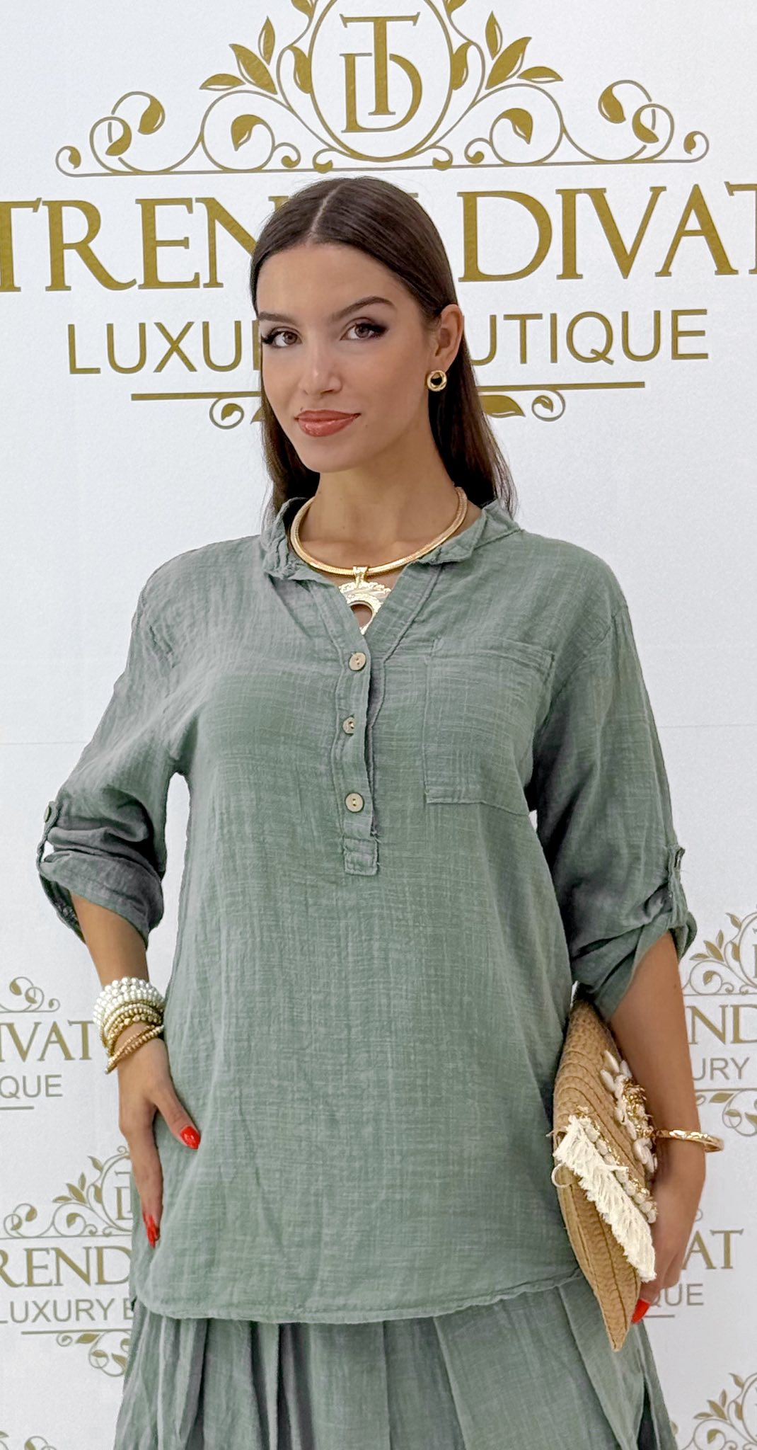 Álló galléros, gombos nyakú, lenvászon anyagú blúz - Image 19