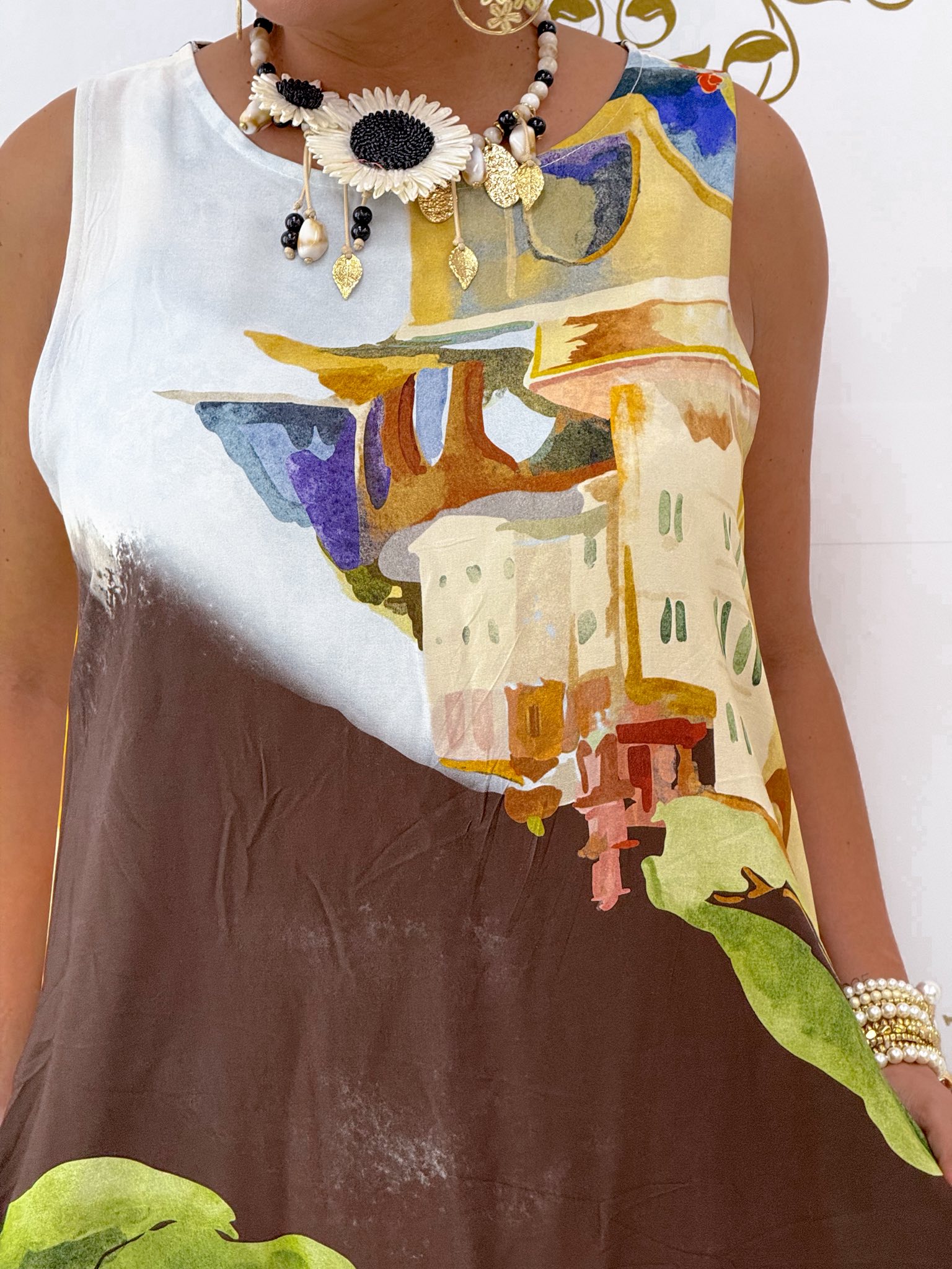 Ujjatlan, különleges mintázatú lenge vászon anyagú zsebes maxi ruha - Image 3