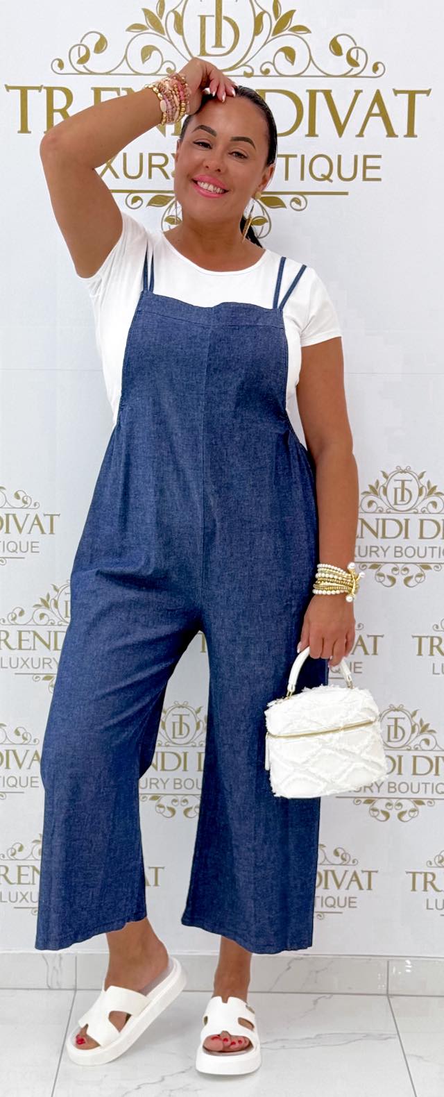 Kétrészes, elasztikus farmer anyagú palazzo overál - Image 3