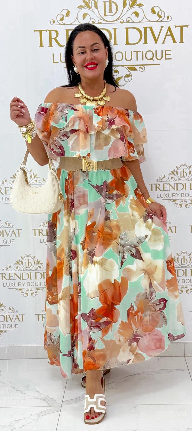 Mellrésznél fodros, különleges virág mintázatú, muszlin anyagú maxi ruha - Image 3