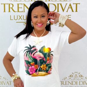 Plus size, dzsungel & flamingó mintázatú póló