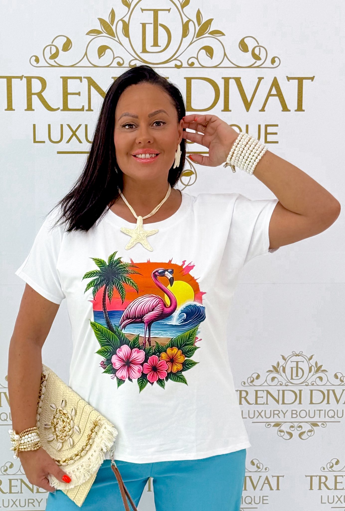 Plus size, naplementés flamingó mintázatú póló