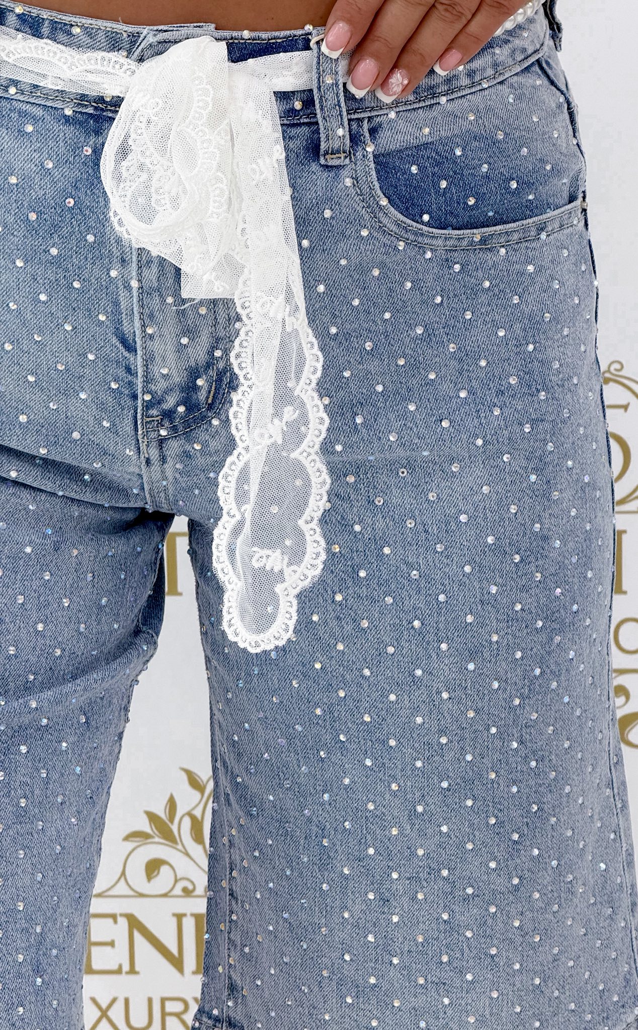 Irizáló kövekkel díszített farmer rövidnadrág "QR2051" - Image 3