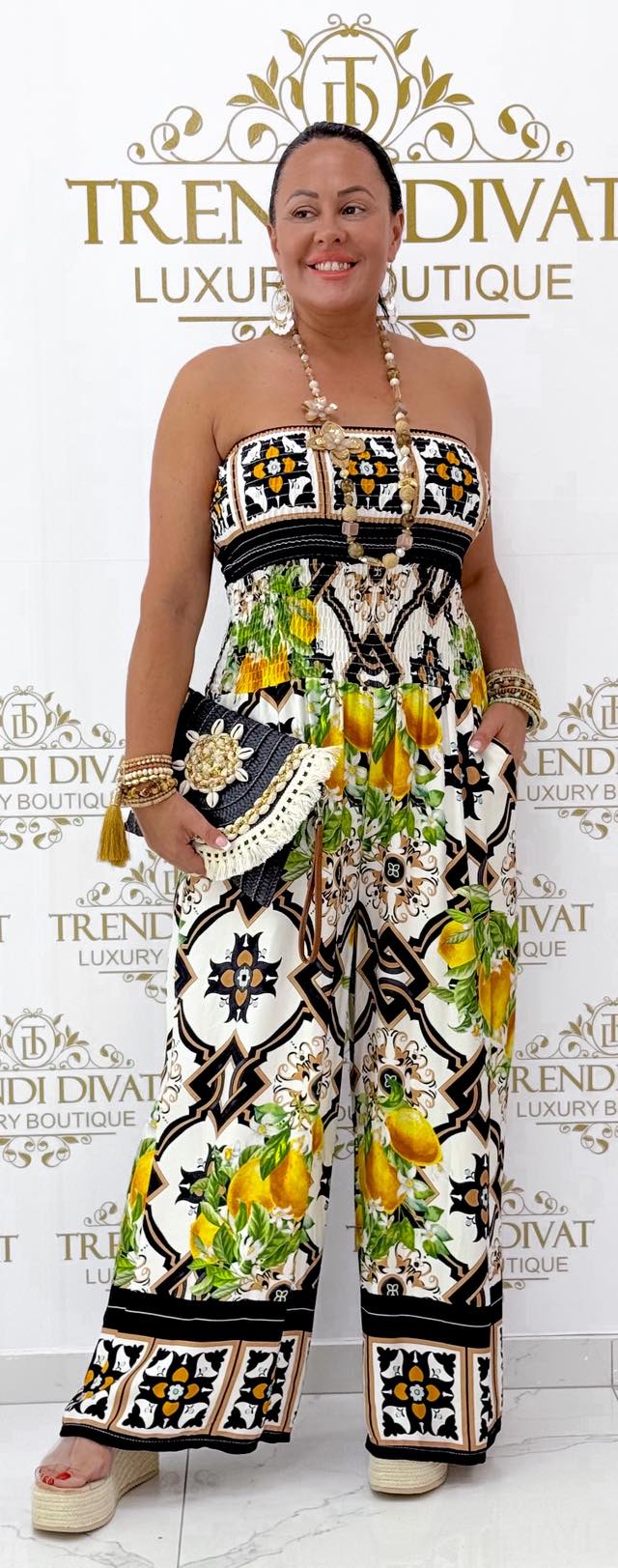 Különleges mintázatú, mellnél gumírozott palazzo overál - Image 4