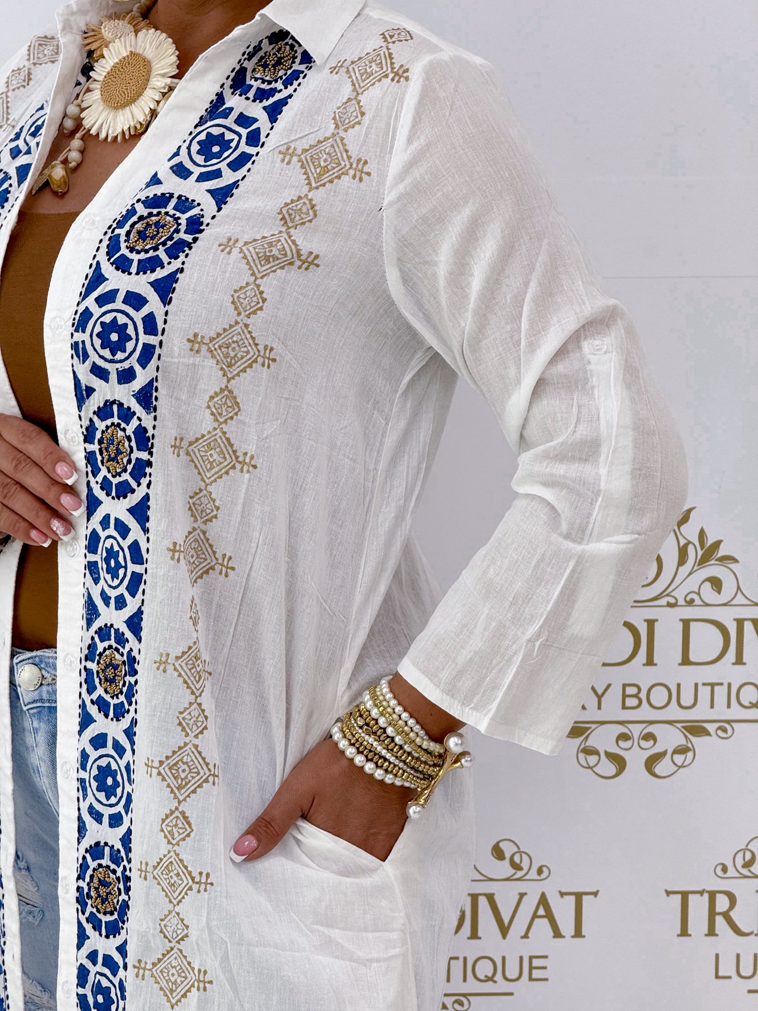 Lenge vékony vászon anyagú, különleges mintázatú maxi ing tunika - Image 4