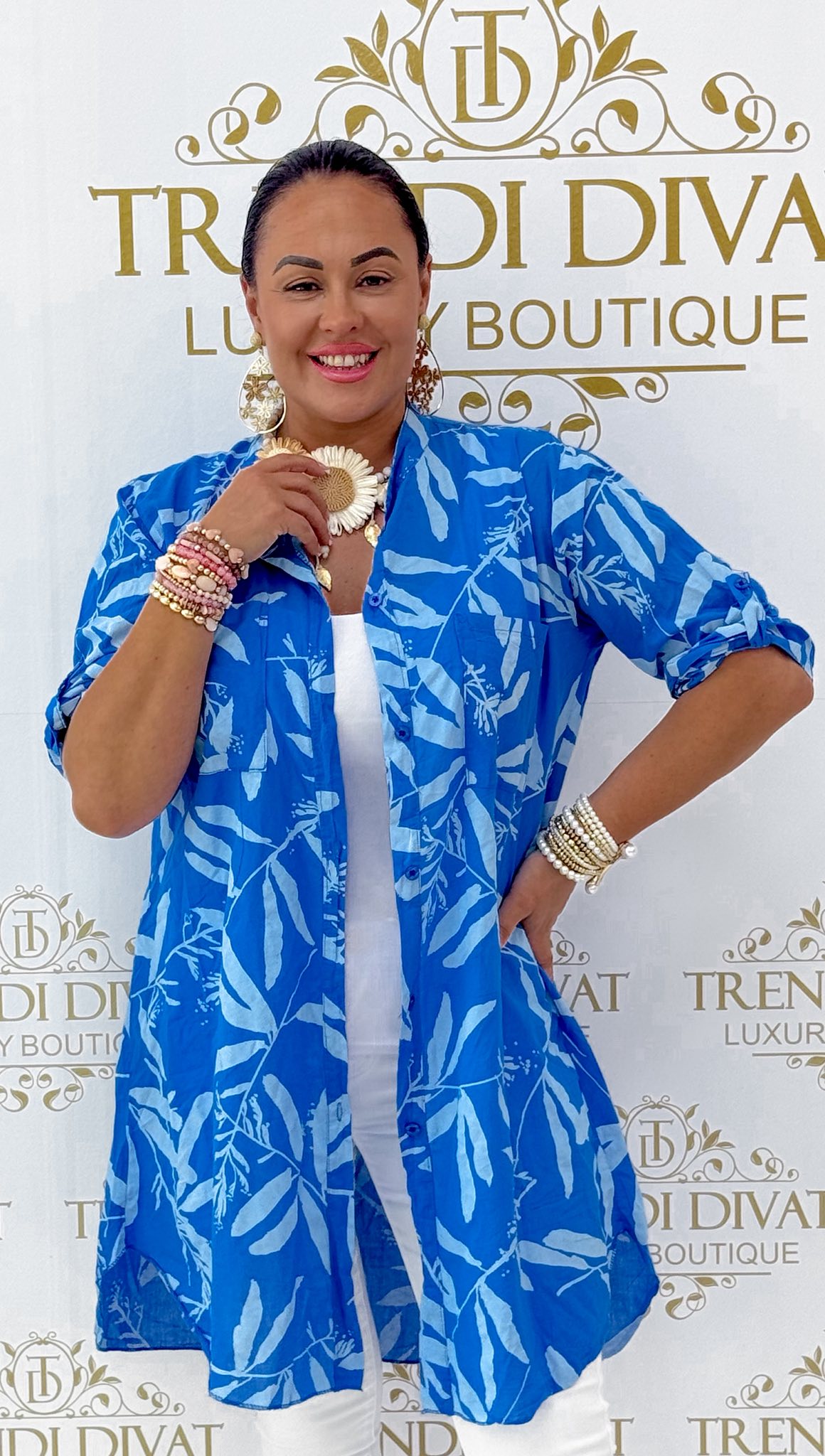 Álló galléros, lenge vászon anyagú, levél mintázatú ing tunika - Image 23