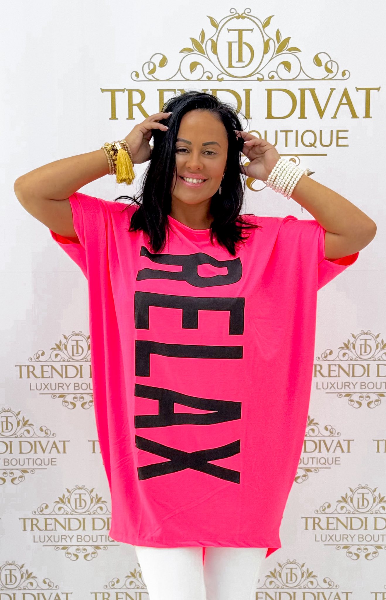 Laza fazonú, elől rövidebb fazonú, "Relax" feliratos tunika - Image 5