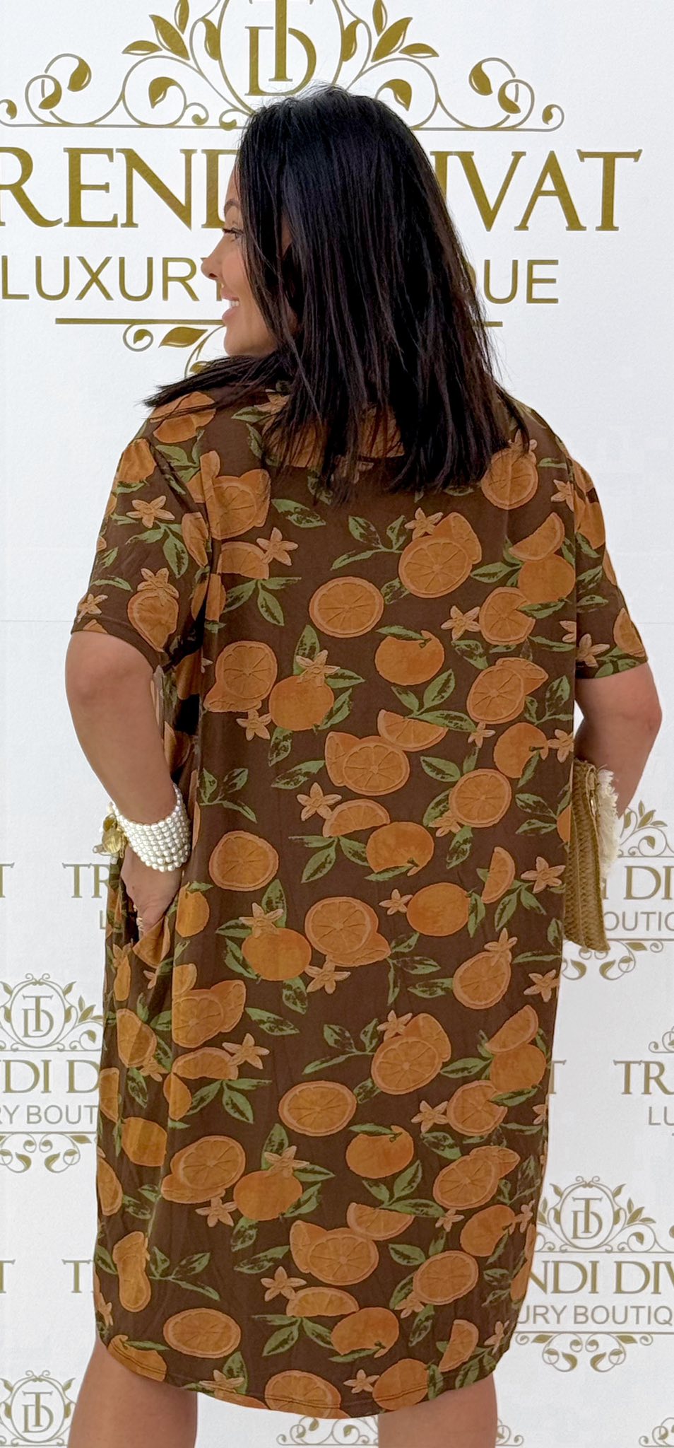 V-nyakú, zsebes, narancs mintázatú, laza fazonú tunika - Image 4