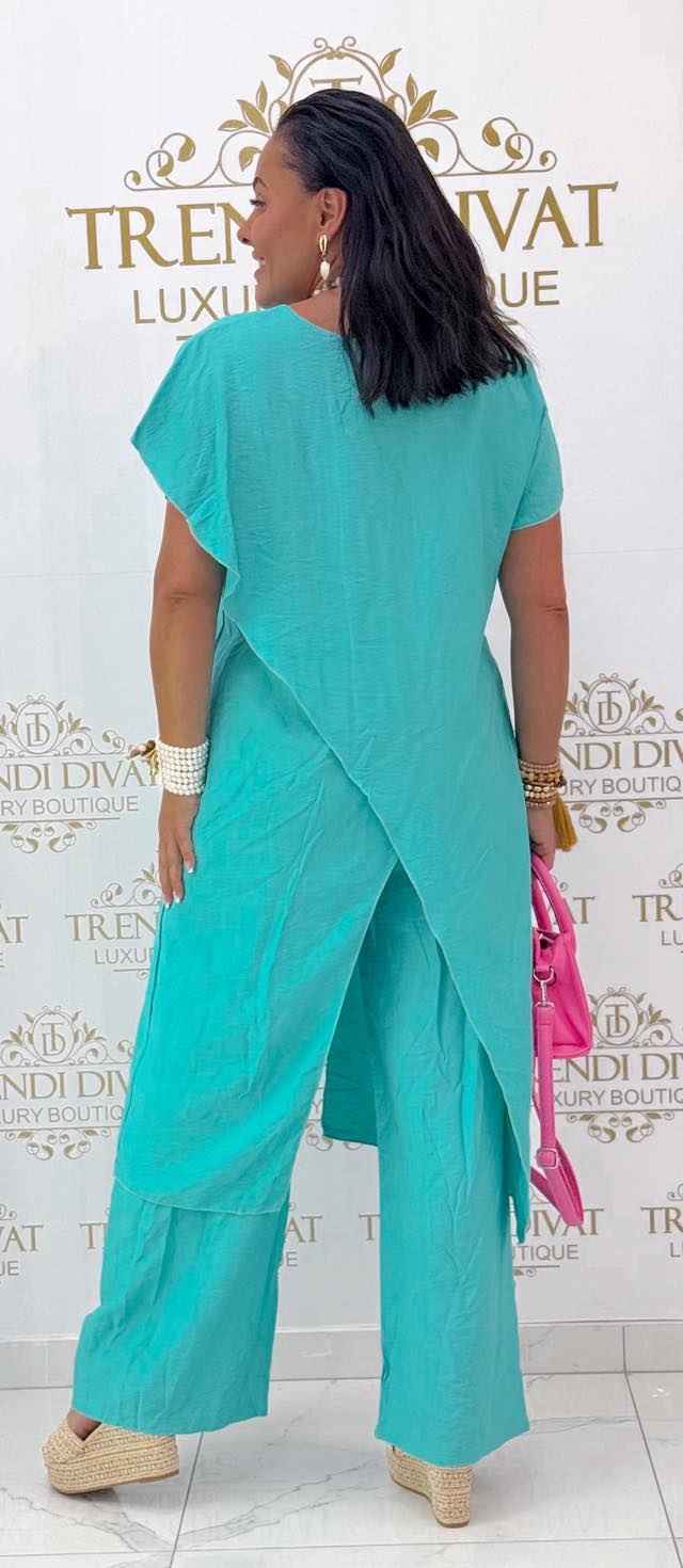 Egyedi átlapolt fazonú, lenge vászon anyagú palazzo szett - Image 33