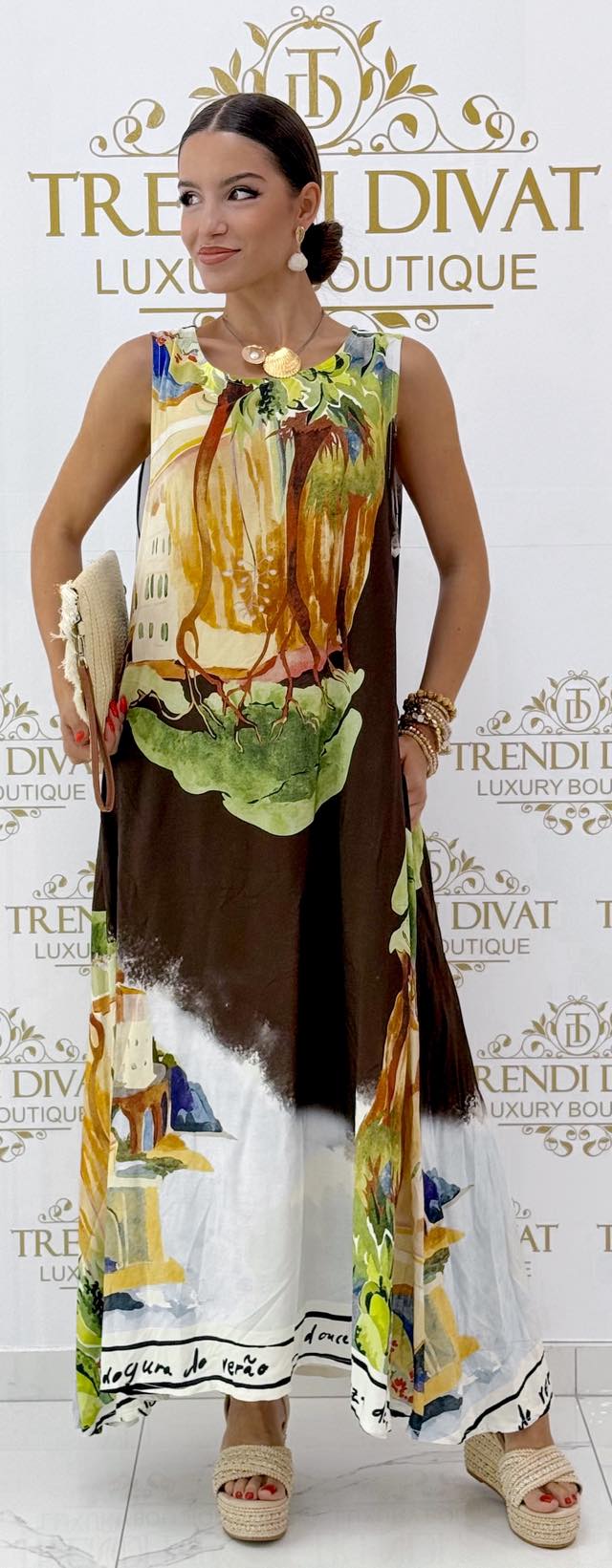 Ujjatlan, különleges mintázatú lenge vászon anyagú zsebes maxi ruha - Image 5