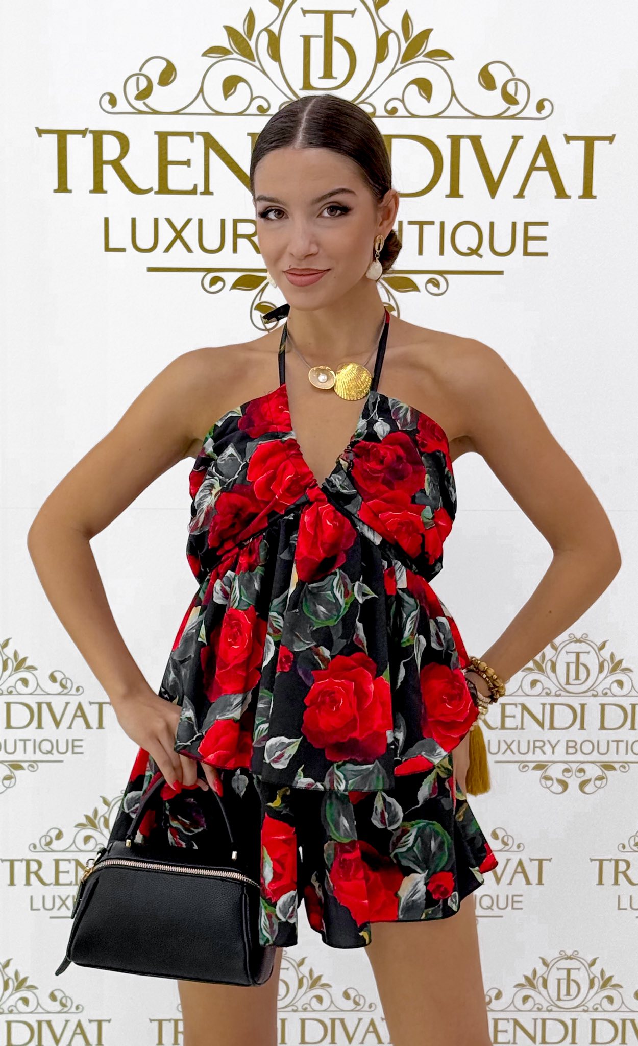 Rózsa mintázatú, nyakbakötős, fodros overál - Image 5