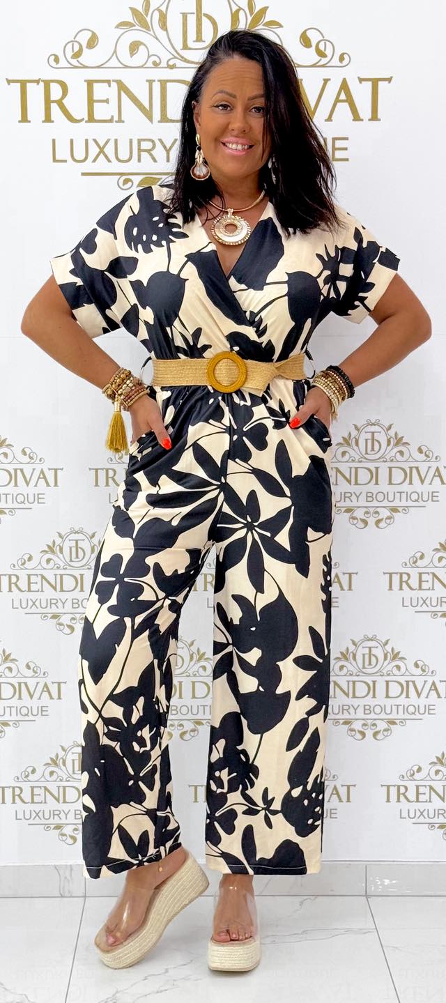 Átlapolt V-nyakú, levél mintázatú palazzo overál, ajándék övvel - Image 5