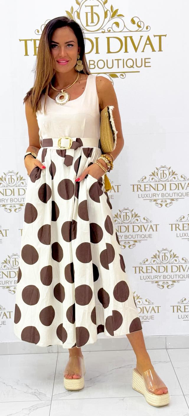 Pöttyös vászon szoknya részes zsebes maxi ruha, ajándék övvel - Image 5