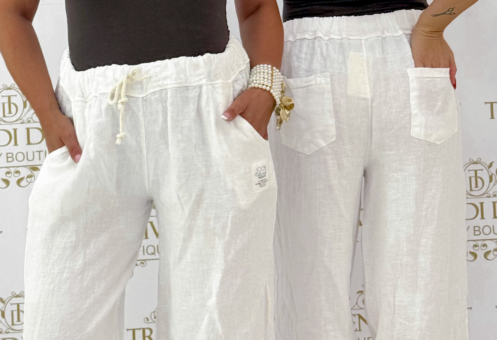 Elől rövidebb szárú, gumis derekú, lenvászon hatású nadrág - Image 5