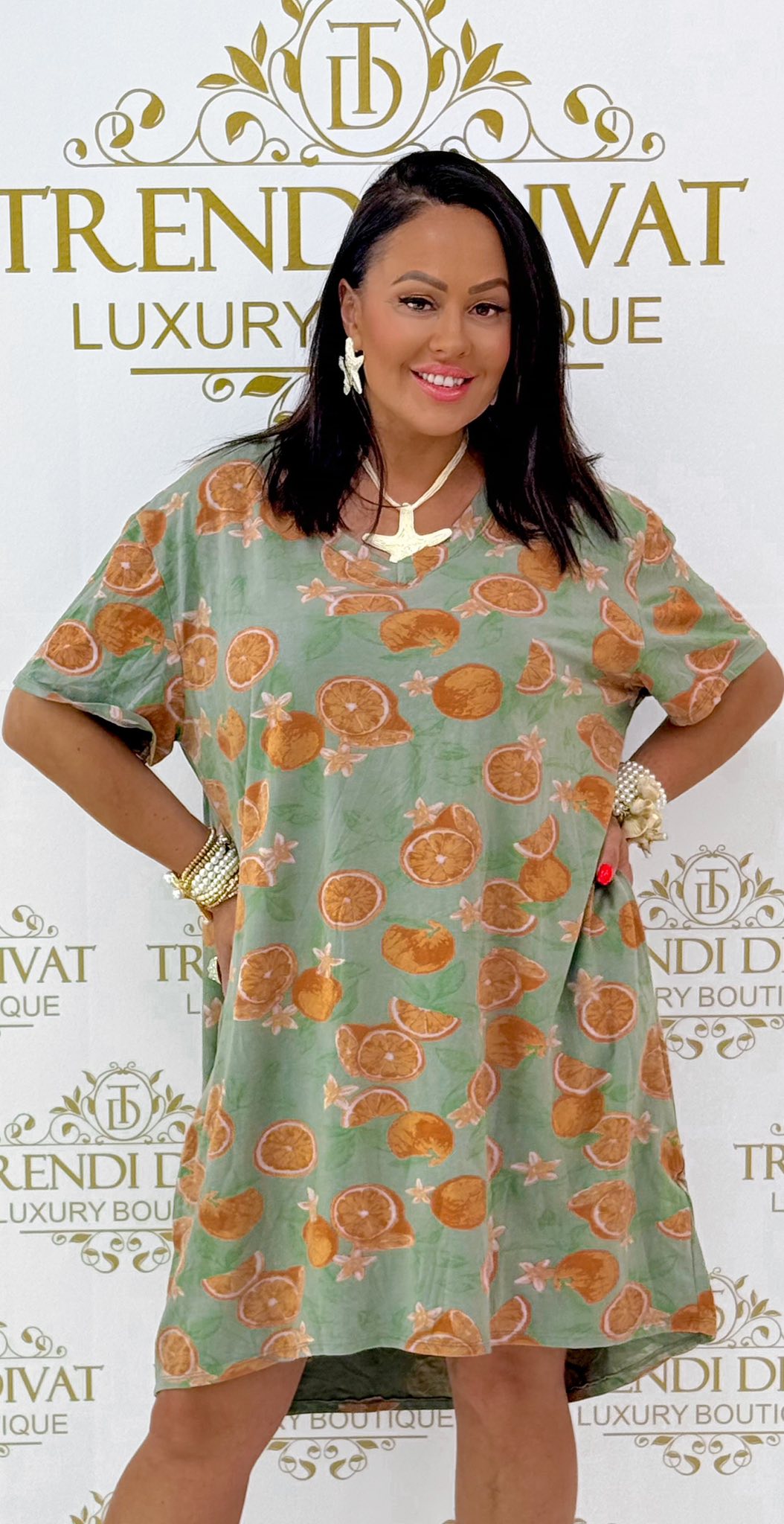 V-nyakú, zsebes, narancs mintázatú, laza fazonú tunika - Image 6